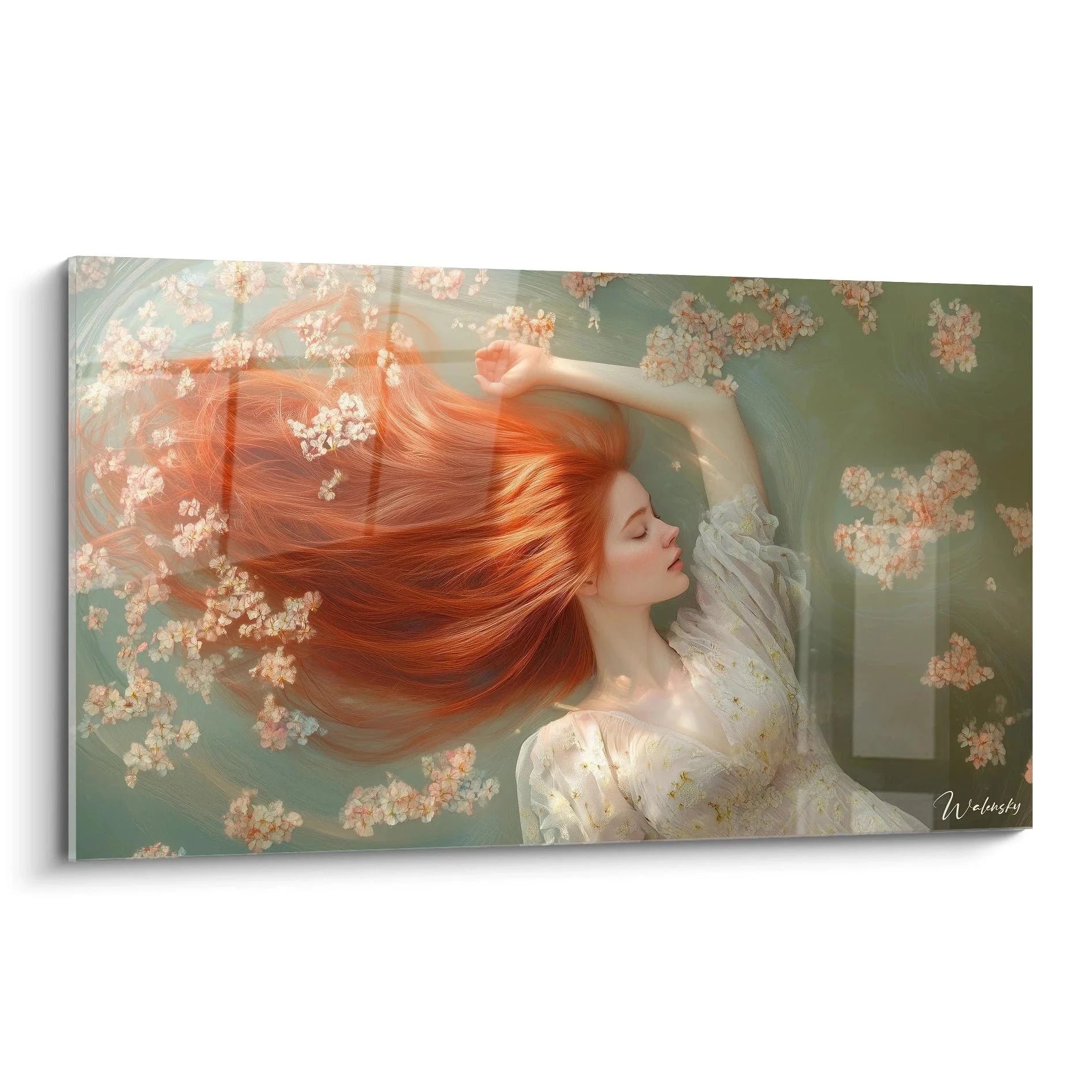 Wandbild Frau mit roten Haaren in Blütenmeer - Edgar Degas Inspiration romantische Wanddekoration