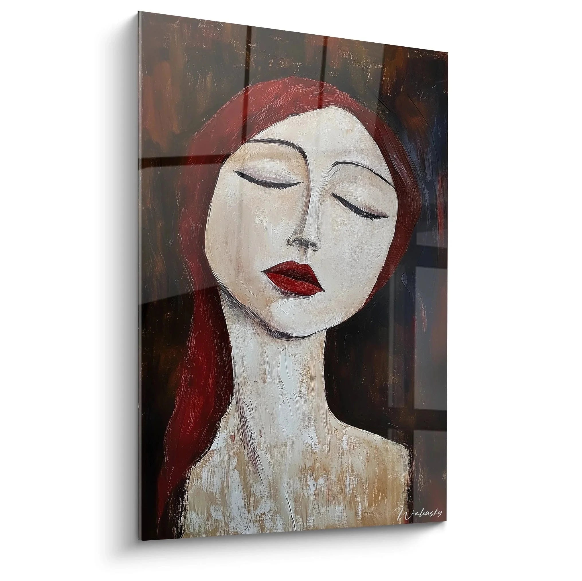 Wandbild Frau rote Haare Modigliani Stil geschlossene Augen rote Lippen moderne Wanddekoration Kunstdruck XXL
