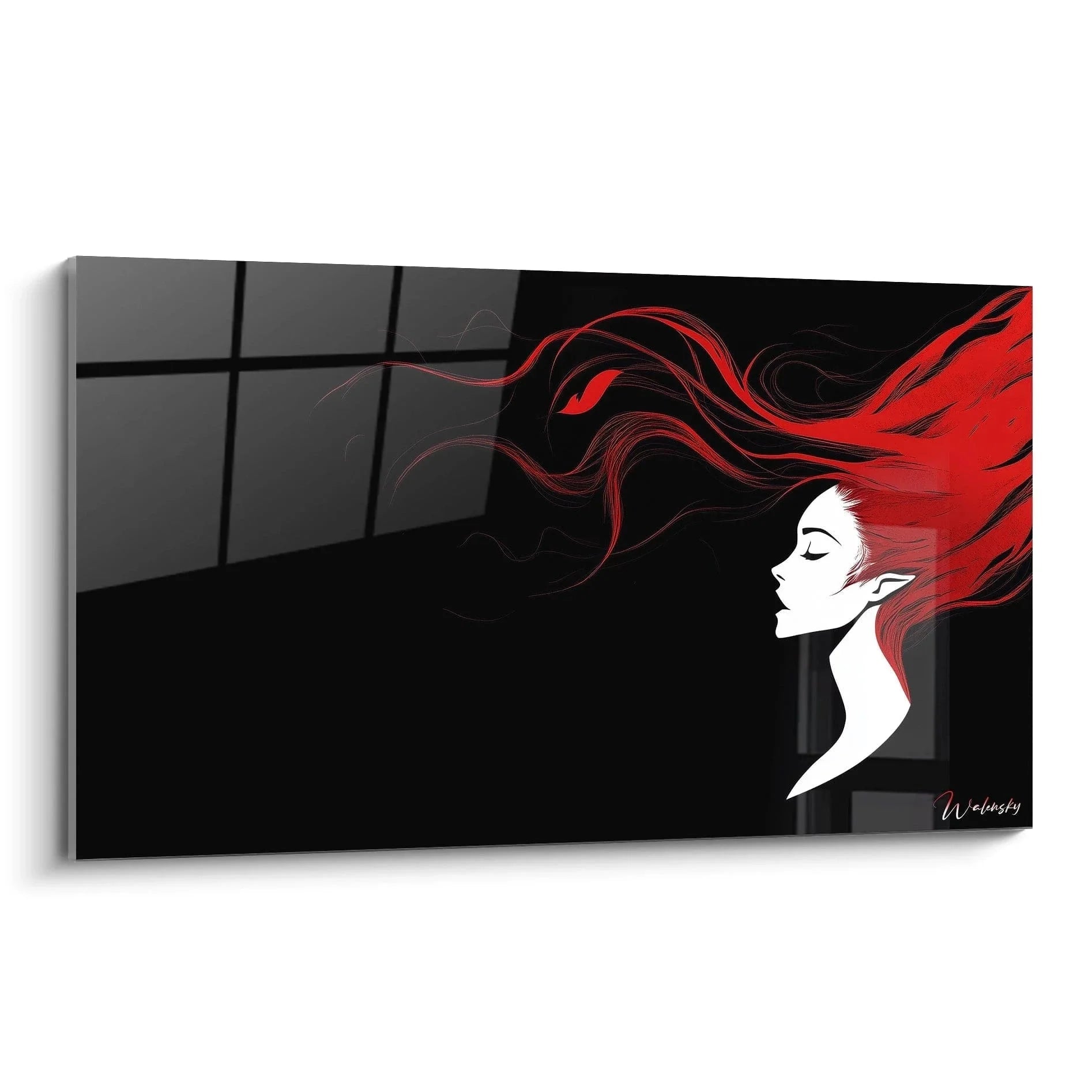 Wandbild Frau mit rotem Haar im expressionistischen Stil, moderne Wandkunst mit dramatischer Silhouette