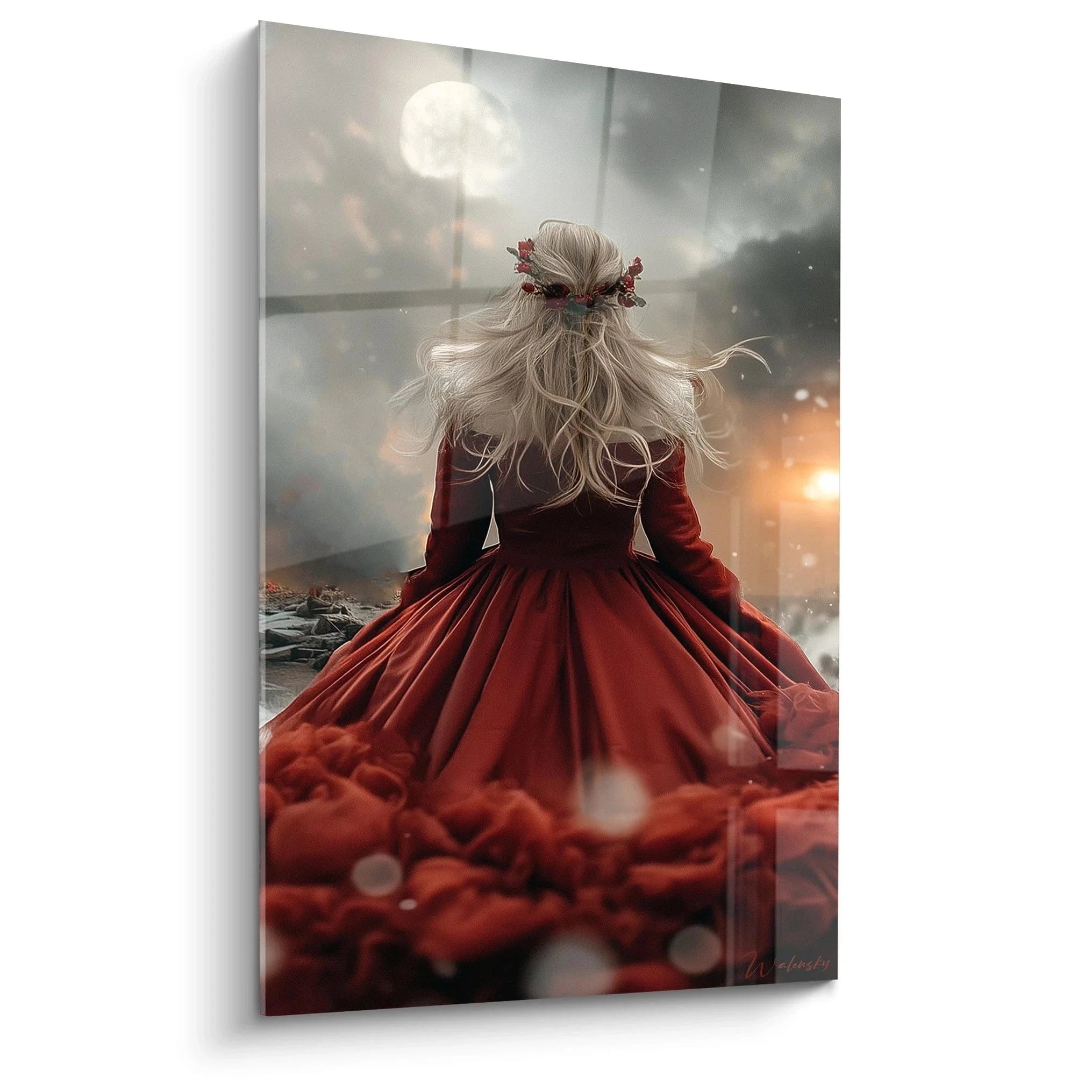Wandbild Frau rotes Kleid Vollmond Winter Weihnachten mystische Atmosphäre Schneelandschaft Premium Kunstdruck