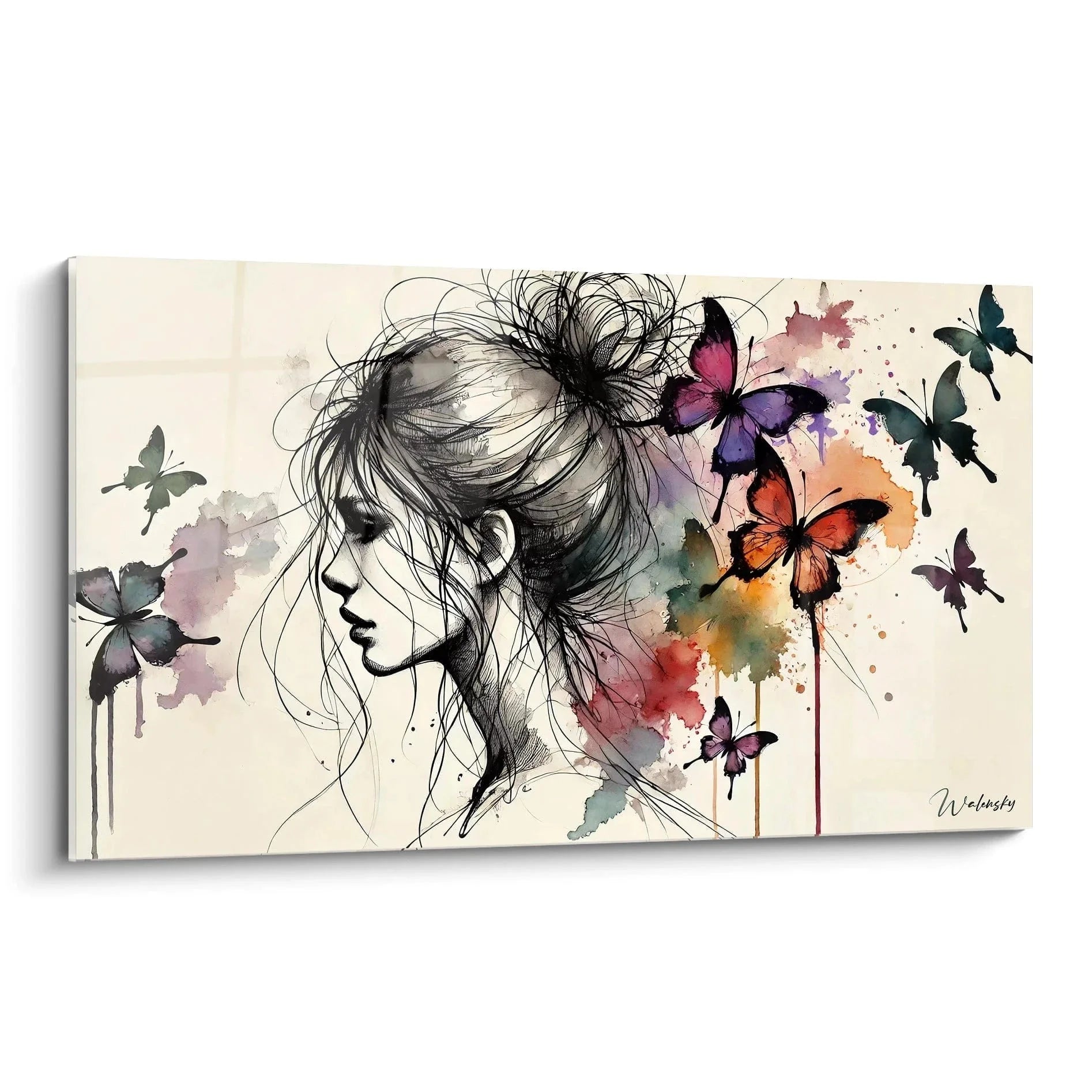 Wandbild Frau mit bunten Schmetterlingen im Aquarell-Stil, moderne Wanddekoration Edition Schmetterling