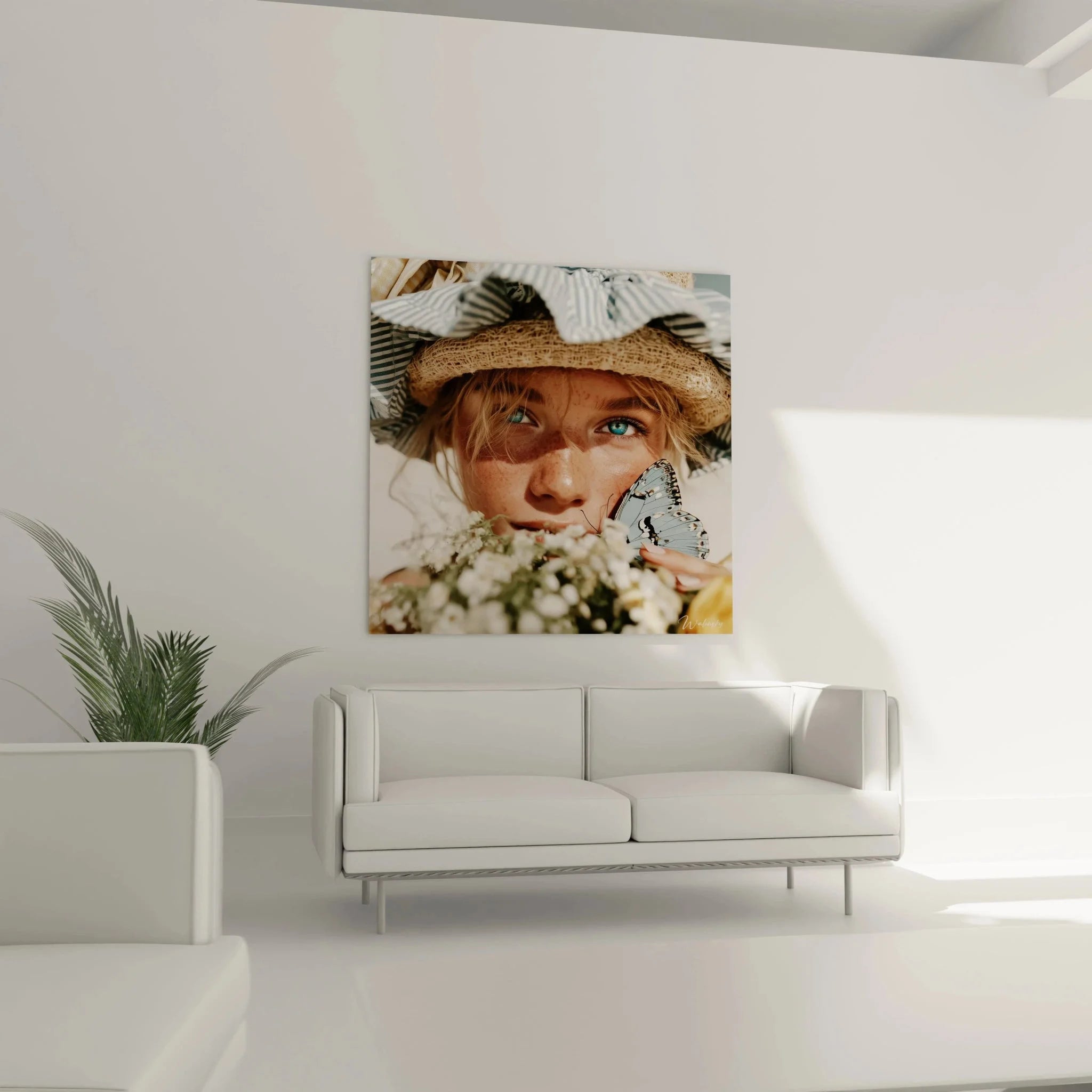 Detailansicht Wandbild Frau mit Schmetterling, natürliche Sommersprossen und blaue Augen in Nahaufnahme