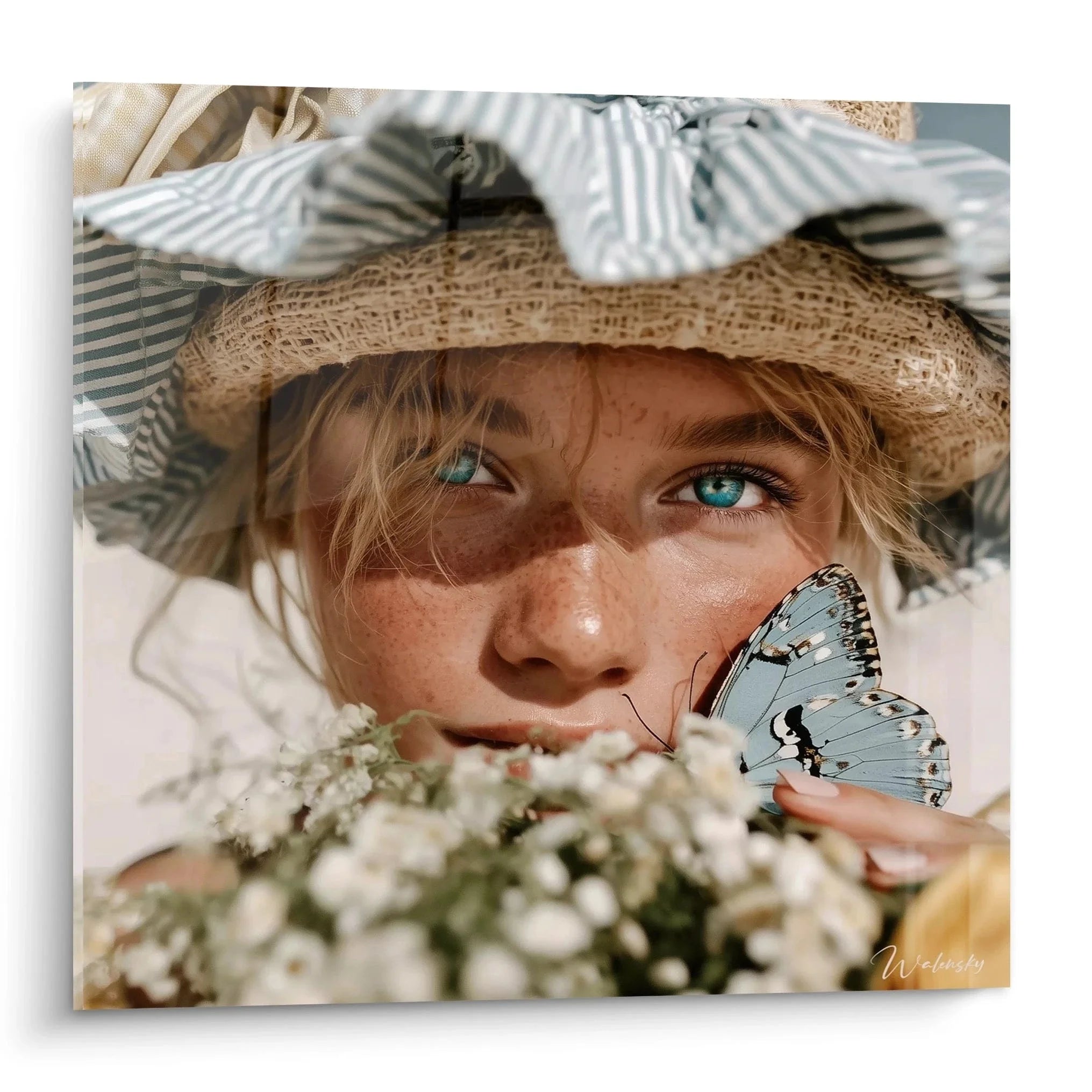 Wandbild Frau mit blauem Schmetterling und Strohhut, sommerliche Boho Wanddekoration mit natürlicher Ausstrahlung