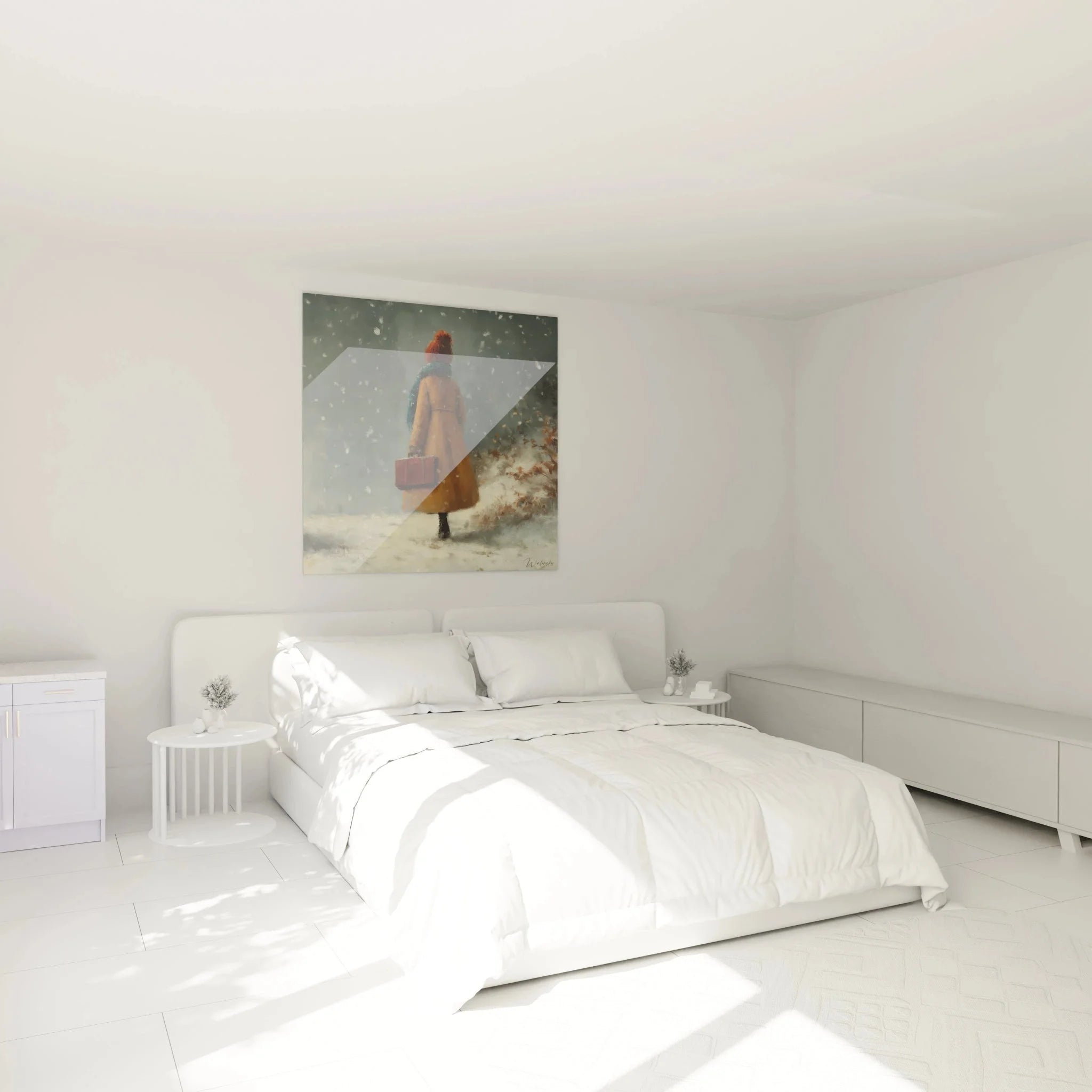 Wandbild Winterspaziergang im Schlafzimmer, Frau im Schnee mit rotem Koffer als Wanddekoration
