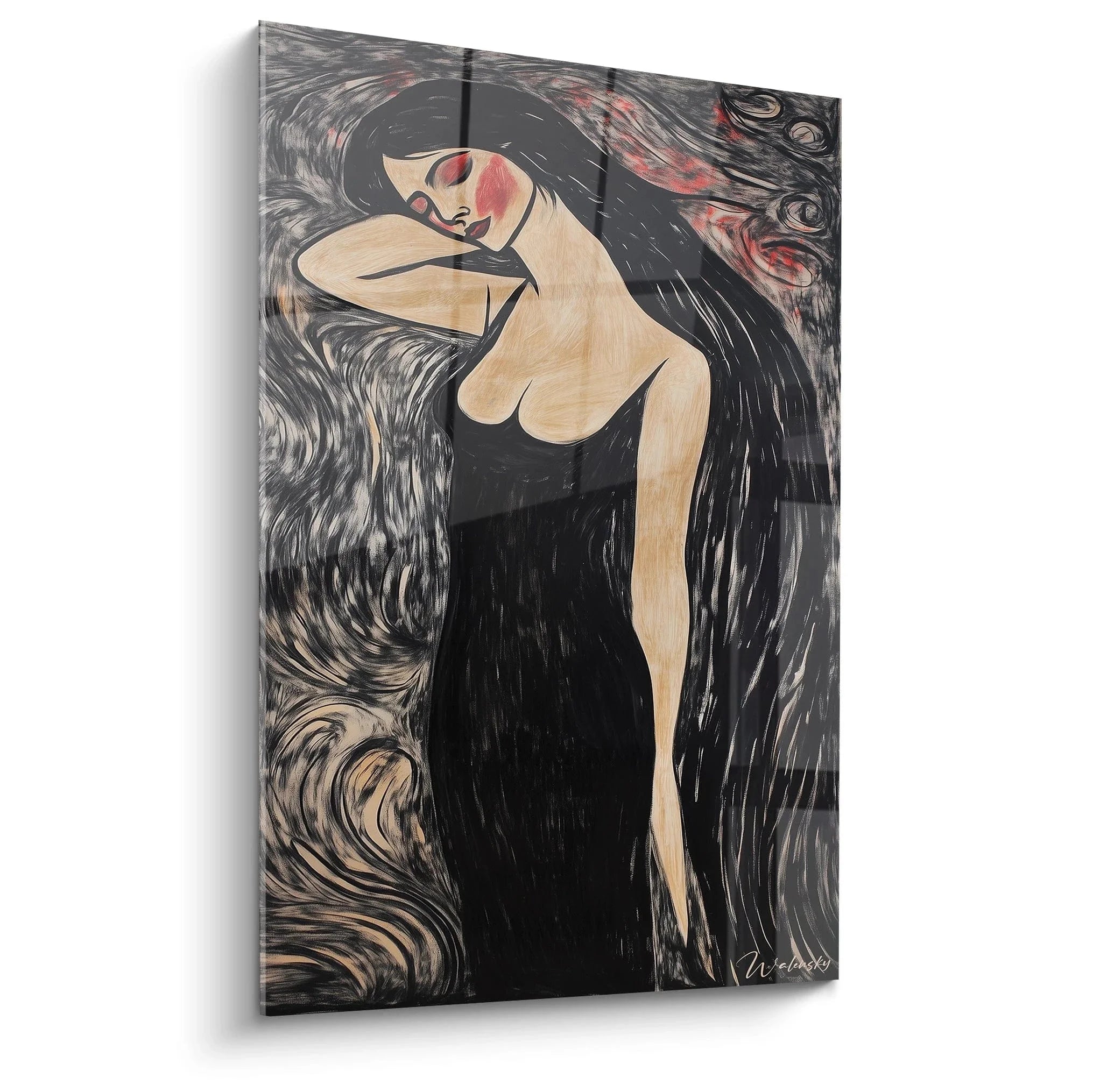 Wandbild melancholische Frau in schwarzem Kleid im expressionistischen Stil nach Edvard Munch