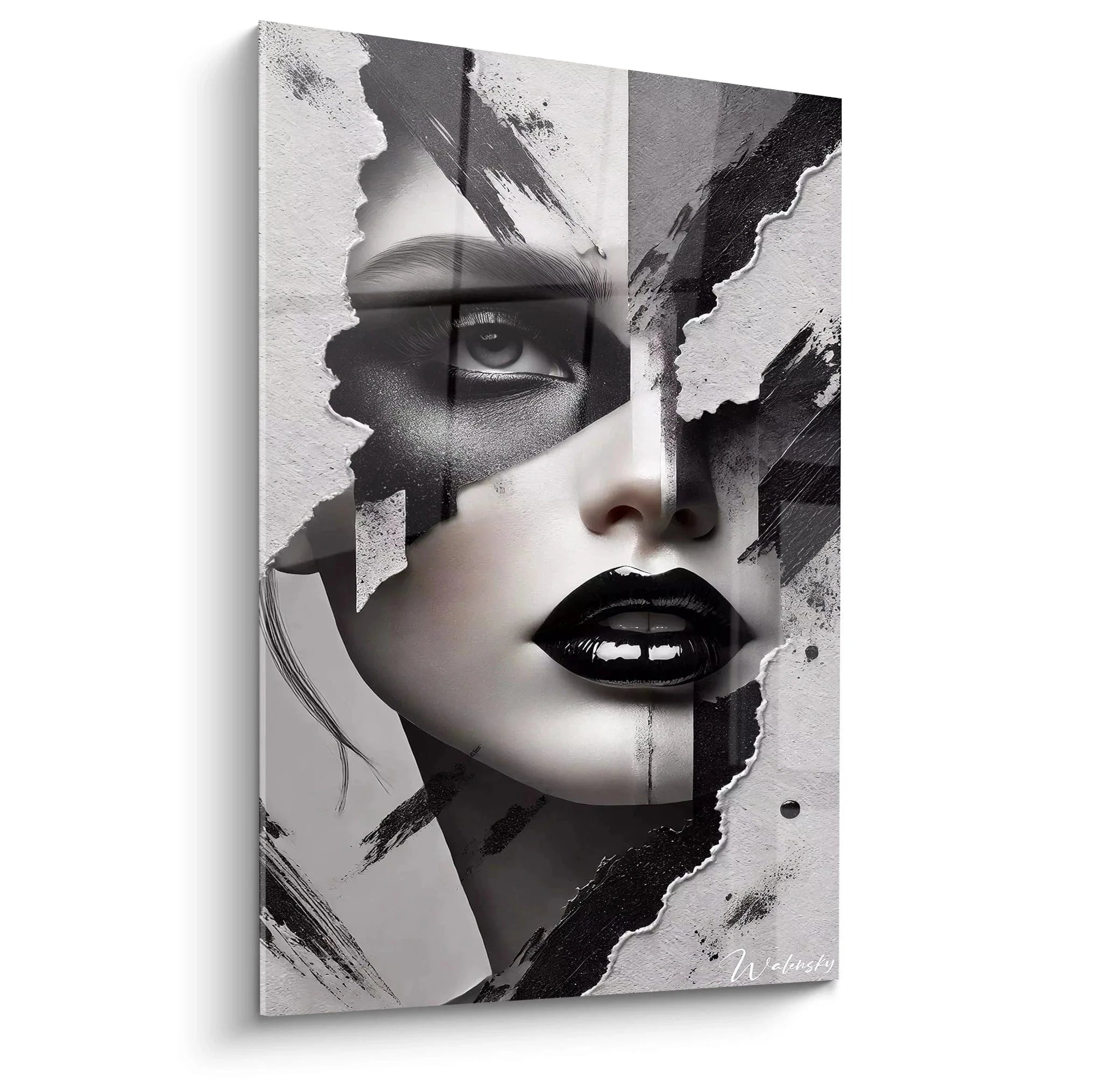 Wandbild Frau schwarz-weiß mit abstrakten Elementen, modernes Portrait Kunstdruck für Wanddekoration