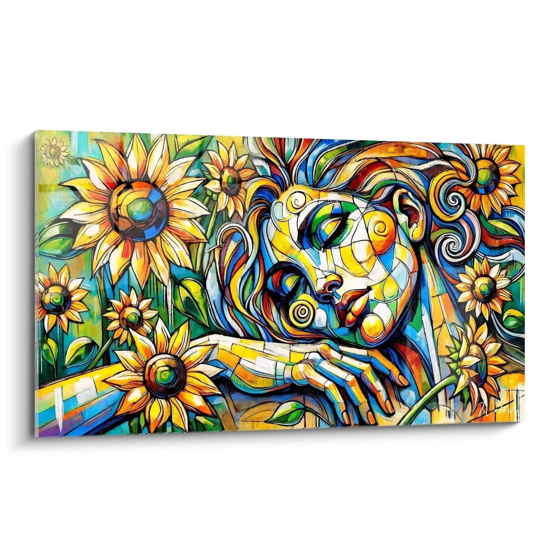 Wandbild Frau mit Sonnenblumen im fauvistischen Stil mit leuchtenden Farben und expressiven Pinselstrichen