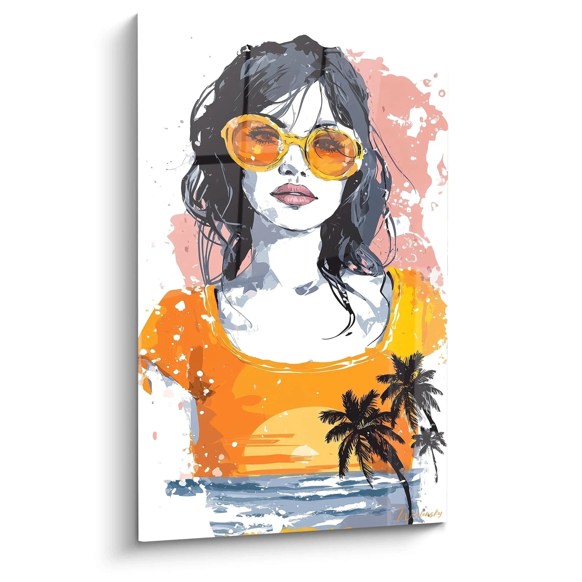 Wandbild Frau mit orangener Sonnenbrille und Palmen Hintergrund - Sommer Wanddeko modern