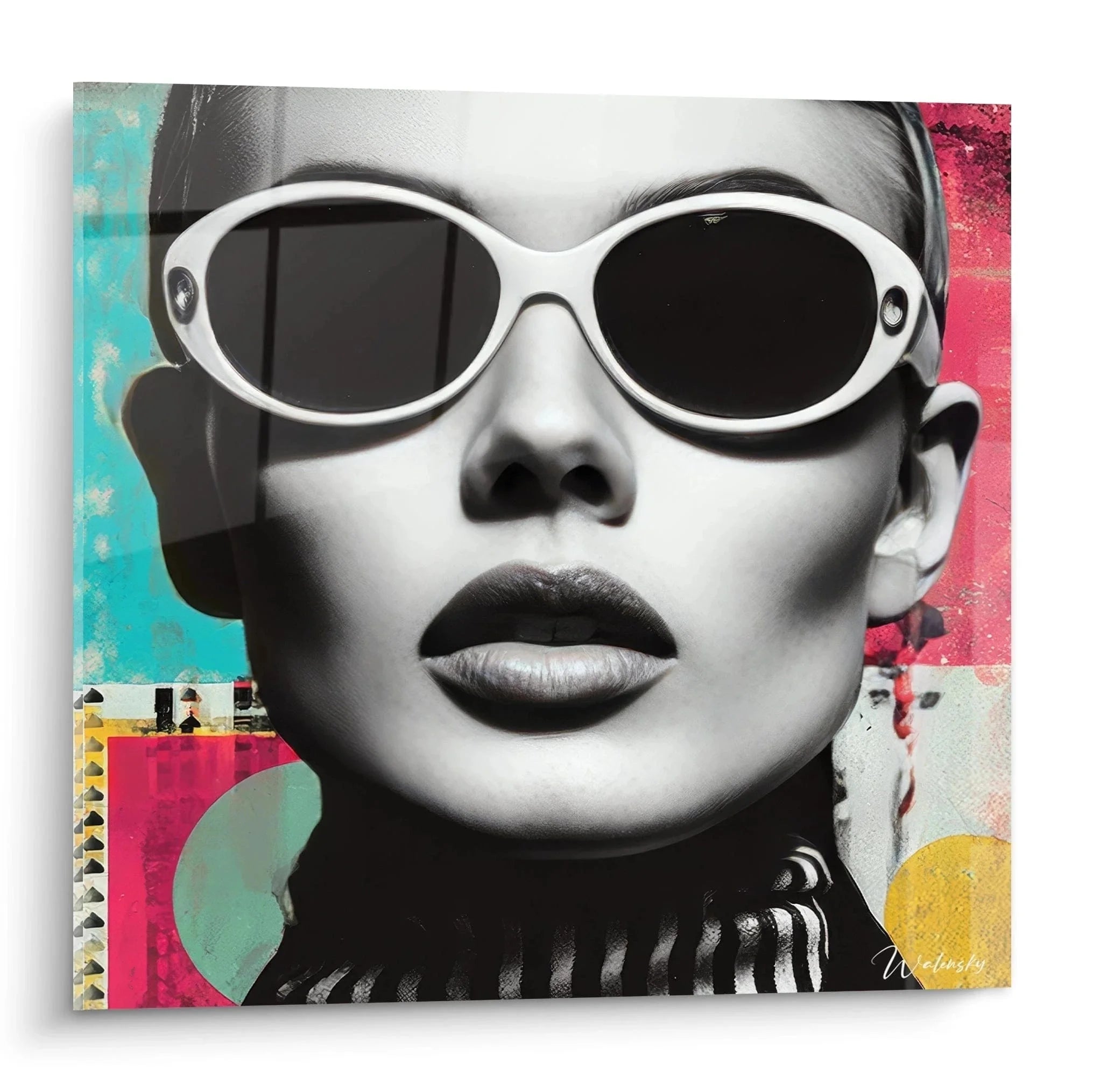 Wandbild Frau mit weißer Sonnenbrille Pop Art Stil Vintage Mode Schwarz-Weiß mit bunten Akzenten