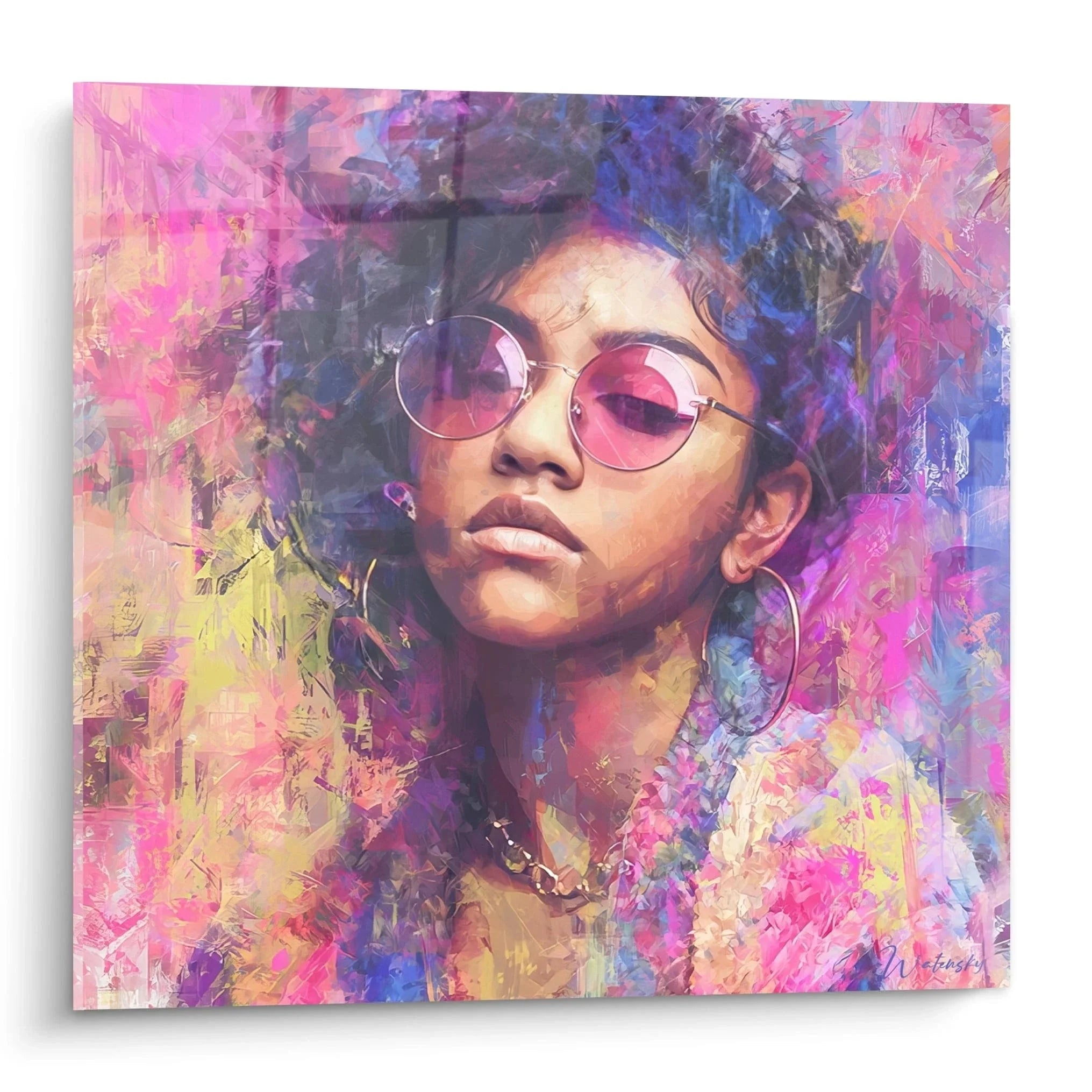 Wandbild Frau mit rosafarbener Sonnenbrille in psychedelischen Farben, Vintage Mode Kunstwerk