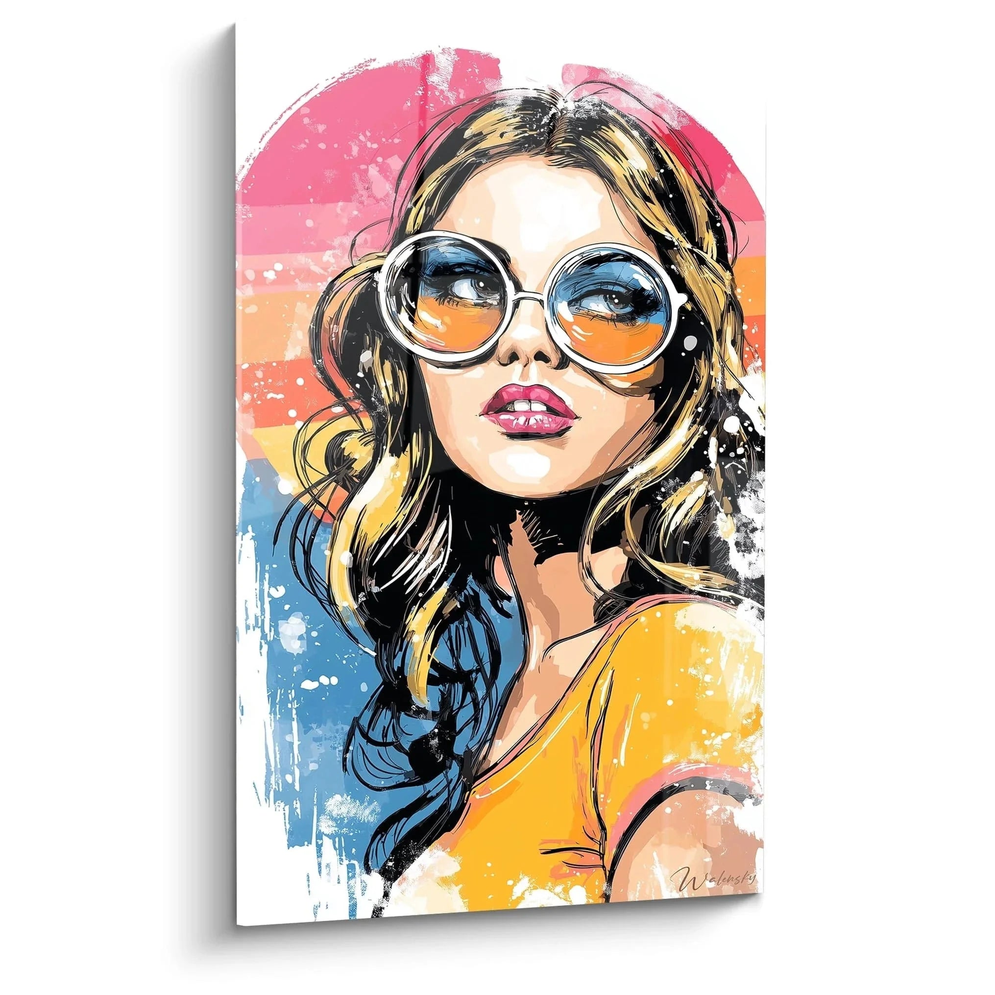 Wandbild einer eleganten Frau mit runder Sonnenbrille im Retro Pop-Art Stil mit sommerlichen Farben