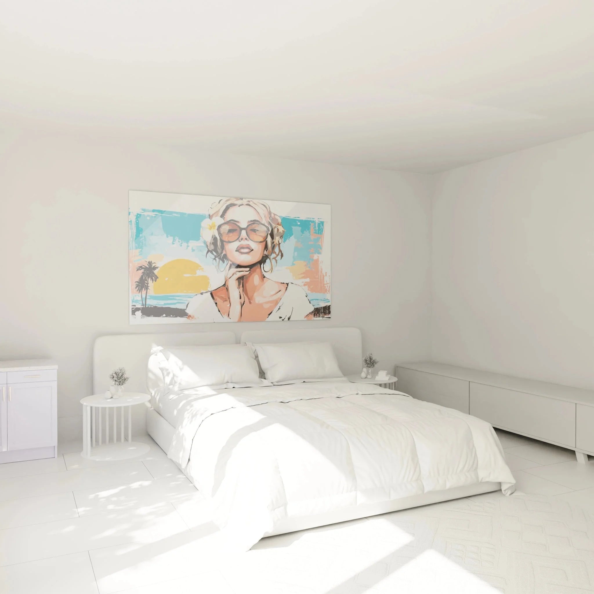Modernes Wandbild Frau mit Sonnenbrille als Schlafzimmer Dekoration in tropischem Sommer Design