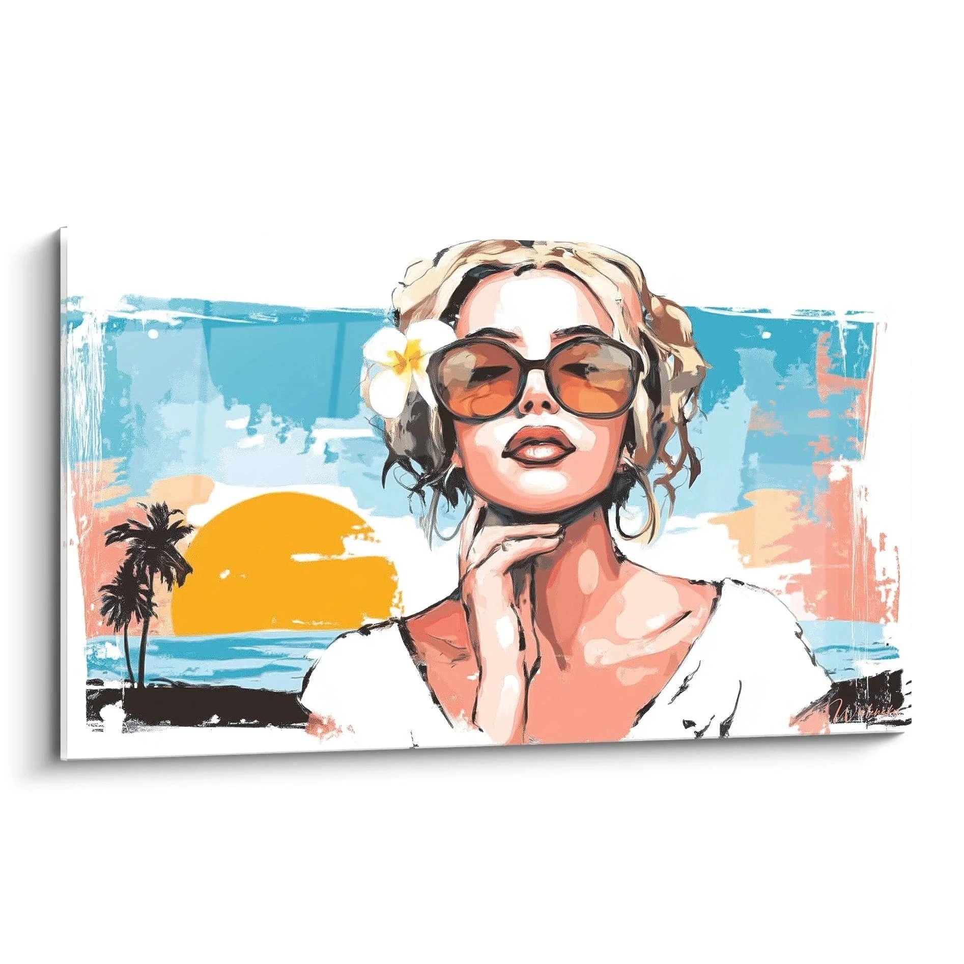 Wandbild einer stylischen Frau mit Sonnenbrille vor tropischer Kulisse mit Palmen und Sonnenuntergang