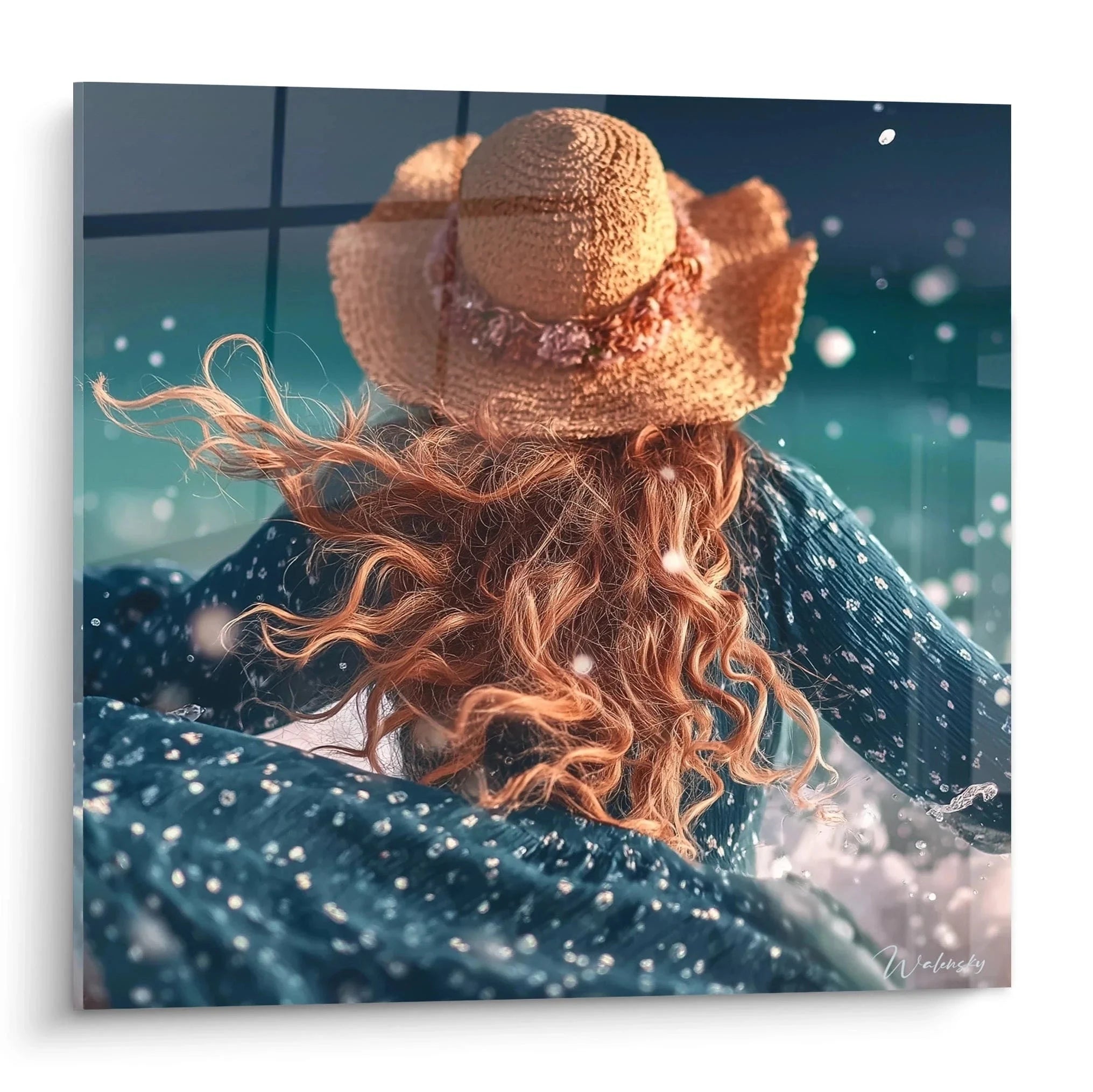 Wandbild Frau mit Strohhut und kupferrotem Haar in blauem Kleid mit Wassertropfen - Edition Sommer