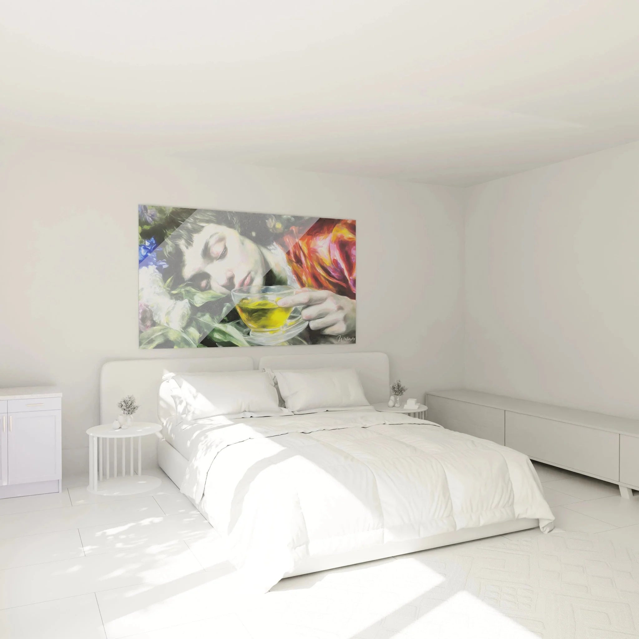 Wandbild Frau mit Teetasse als moderne Schlafzimmer Dekoration im Hyperrealismus Stil