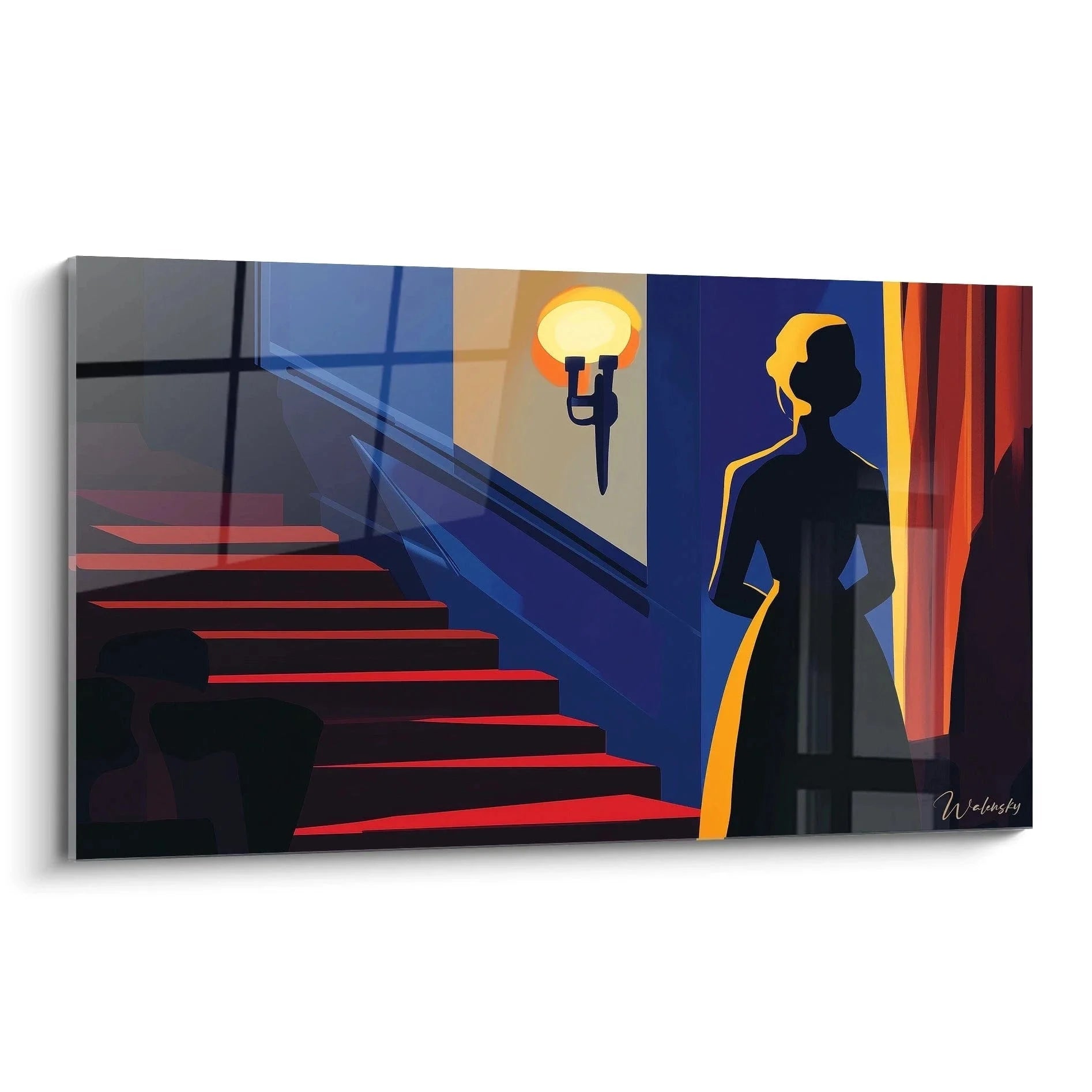 Wandbild elegante Frau an Treppe im Edward Hopper Stil mit warmer Beleuchtung und roten Akzenten