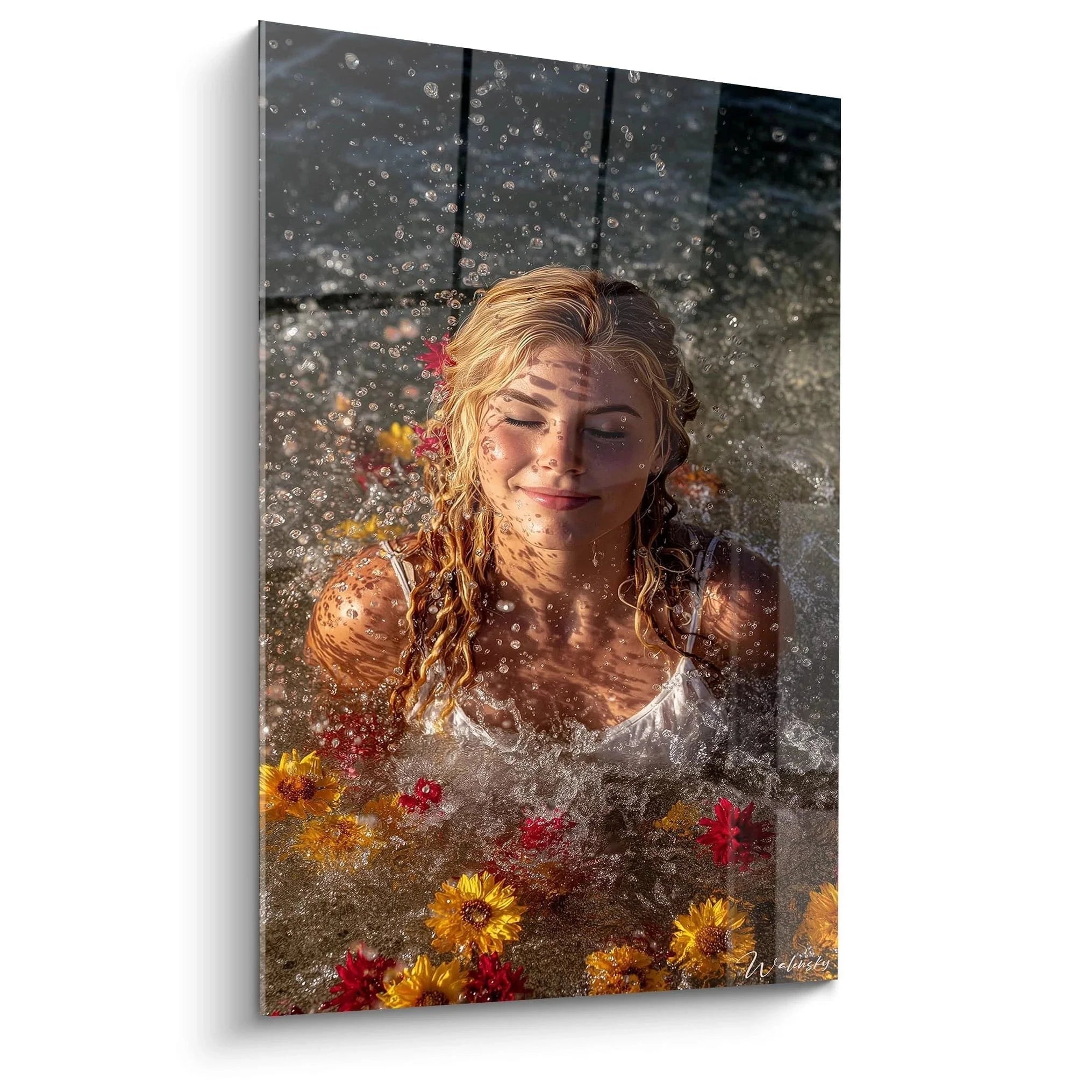 Wandbild Frau im Wasser mit Blumen - Sommerliche Wasserlandschaft als Leinwandbild für moderne Wandgestaltung