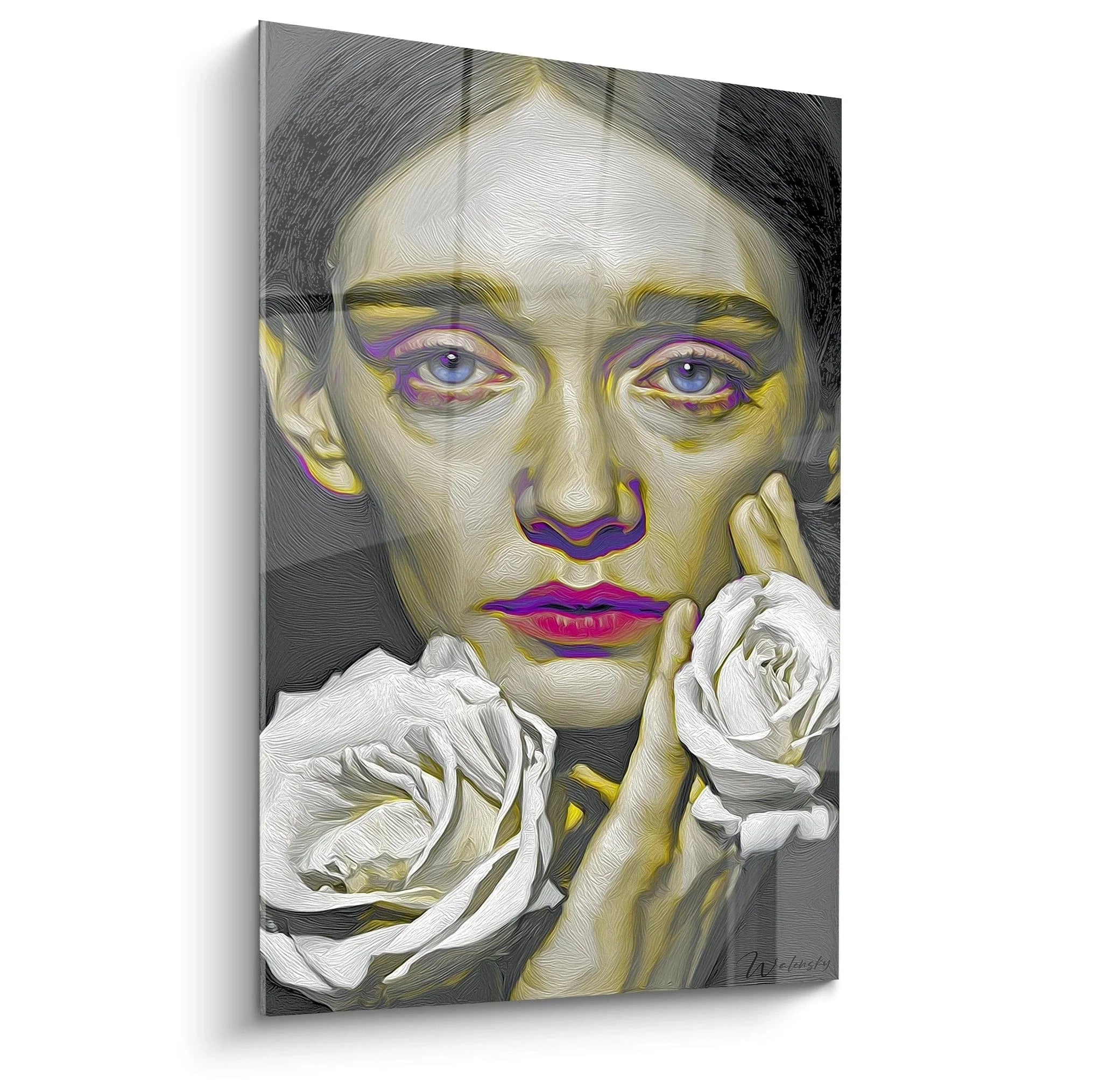 Hyperrealistisches Wandbild einer eleganten Frau mit blauen Augen und weißen Rosen, Edition Hyperrealismus