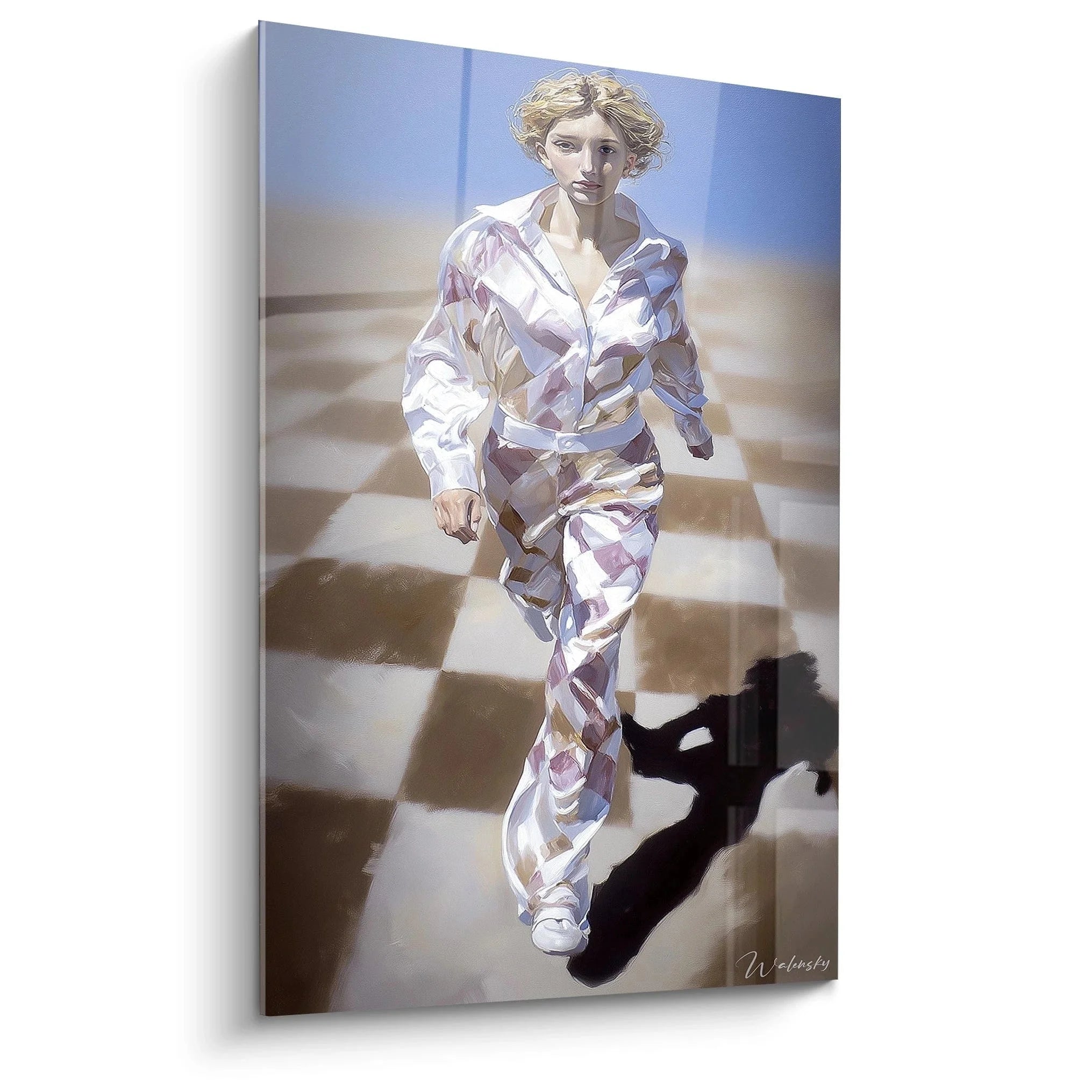 Hyperrealistisches Wandbild einer Frau im weißen Anzug auf steinerner Treppe, Premium Kunstdruck XXL