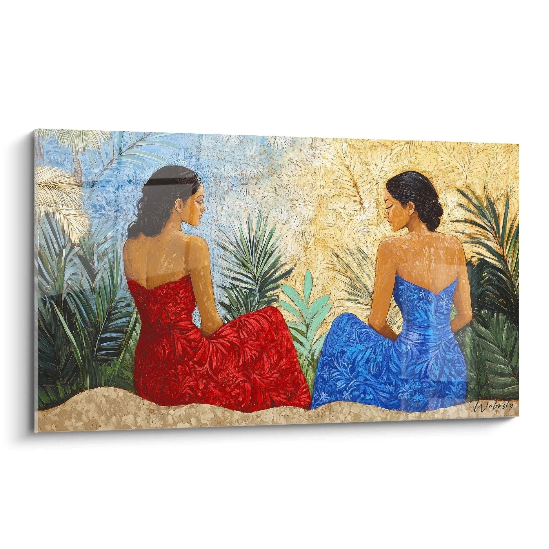Wandbild zwei Frauen in roten und blauen tropischen Kleidern Paul Gauguin Stil mit Palmen