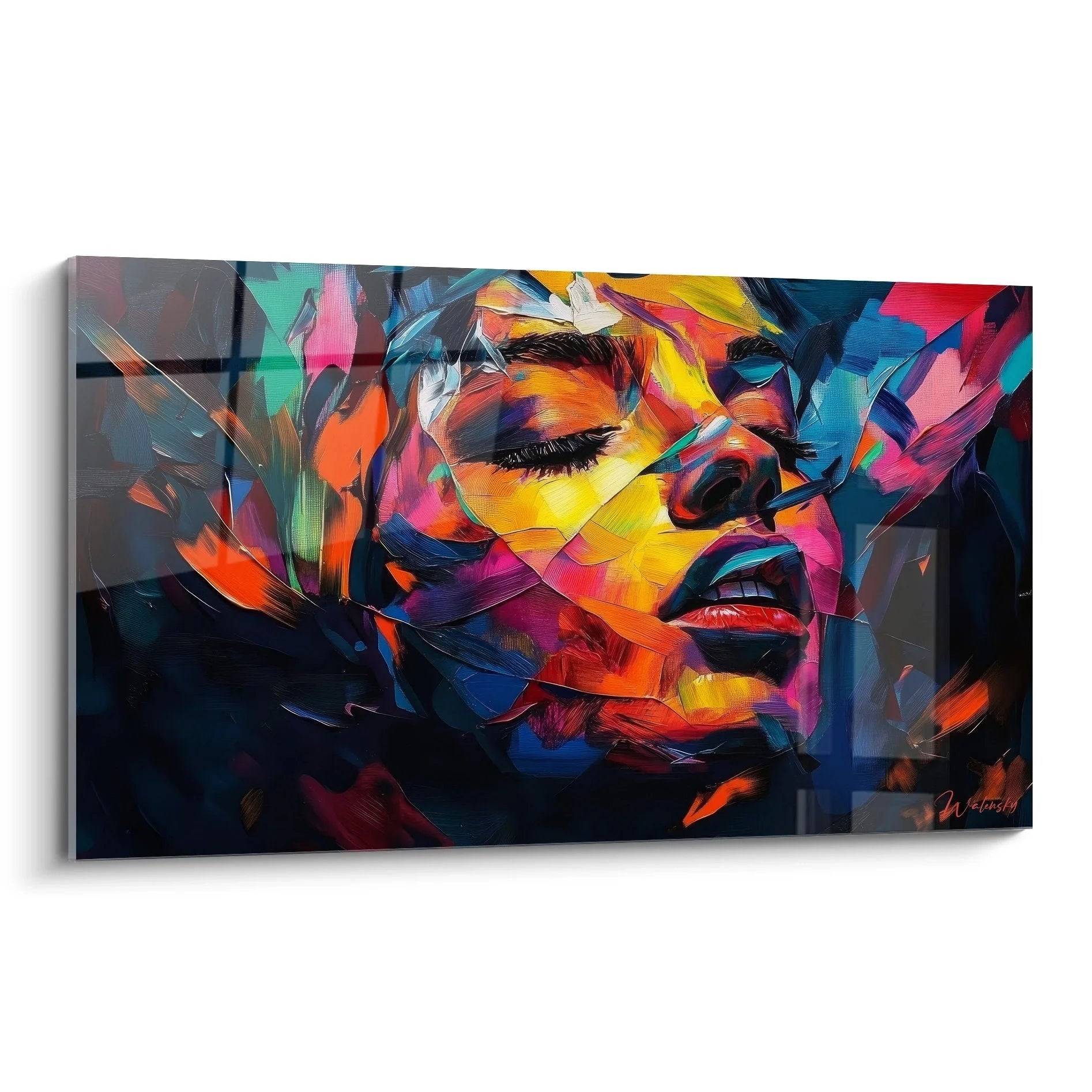 Abstraktes Wandbild Frauengesicht in leuchtenden Farben - moderne figurative Kunst