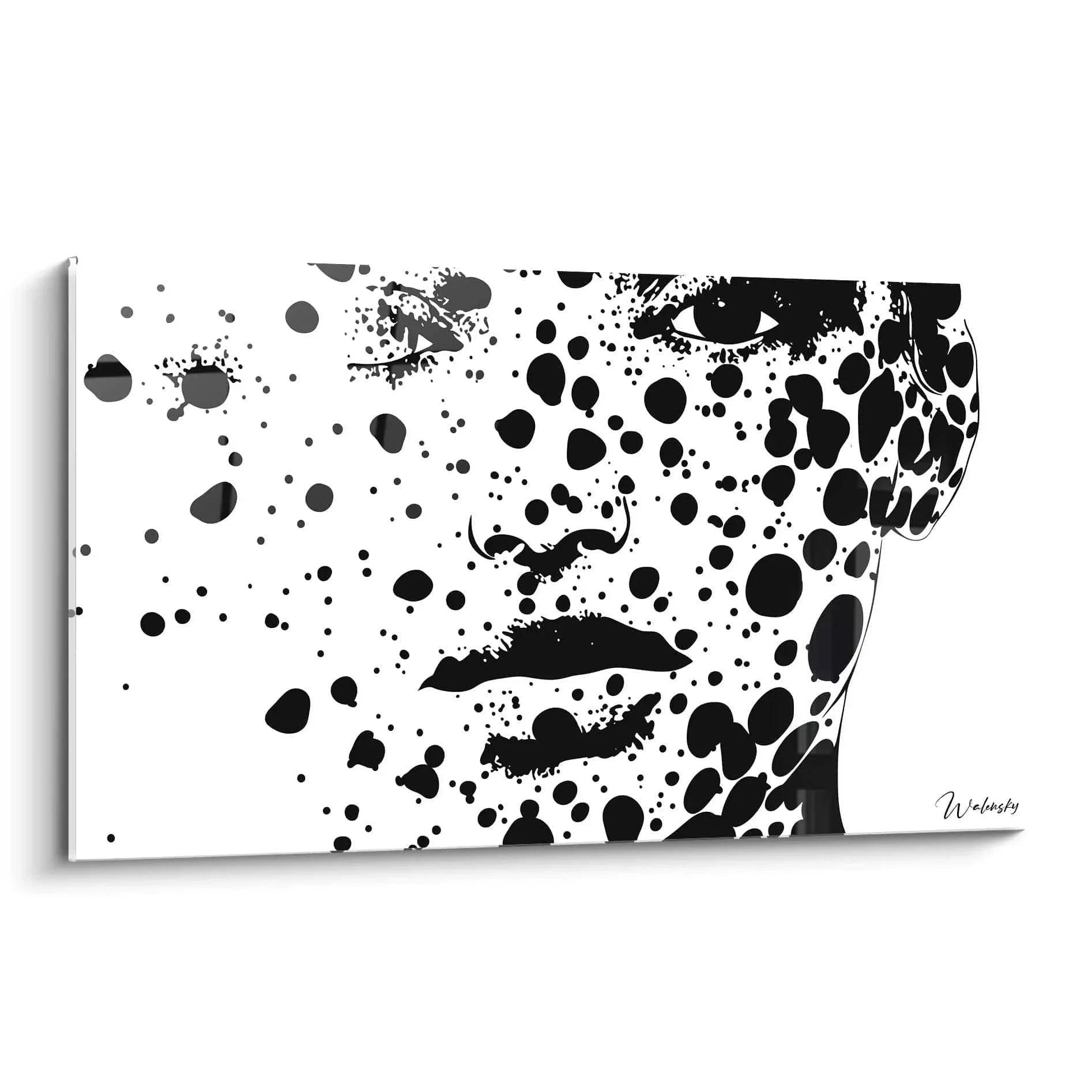 Wandbild Frauengesicht mit schwarzen Punkten auf weißem Hintergrund, moderne schwarz-weiß Kunstdruck