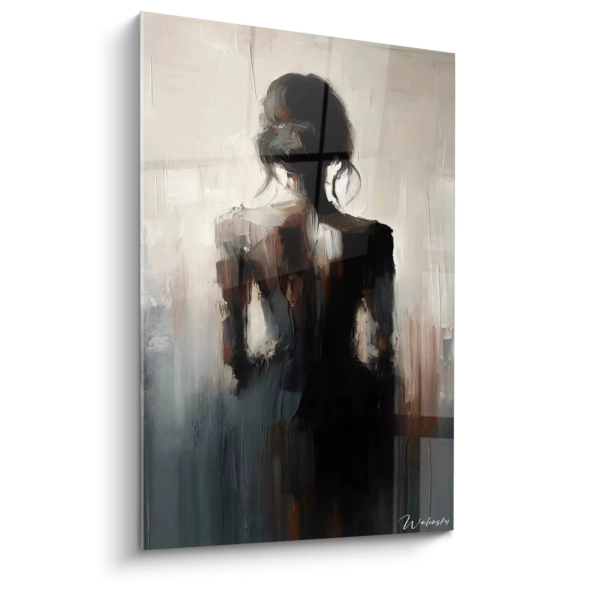 Wandbild abstrakte Frau mit langen Haaren in erdigen Tönen, moderne Porträtkunst für Wohnräume