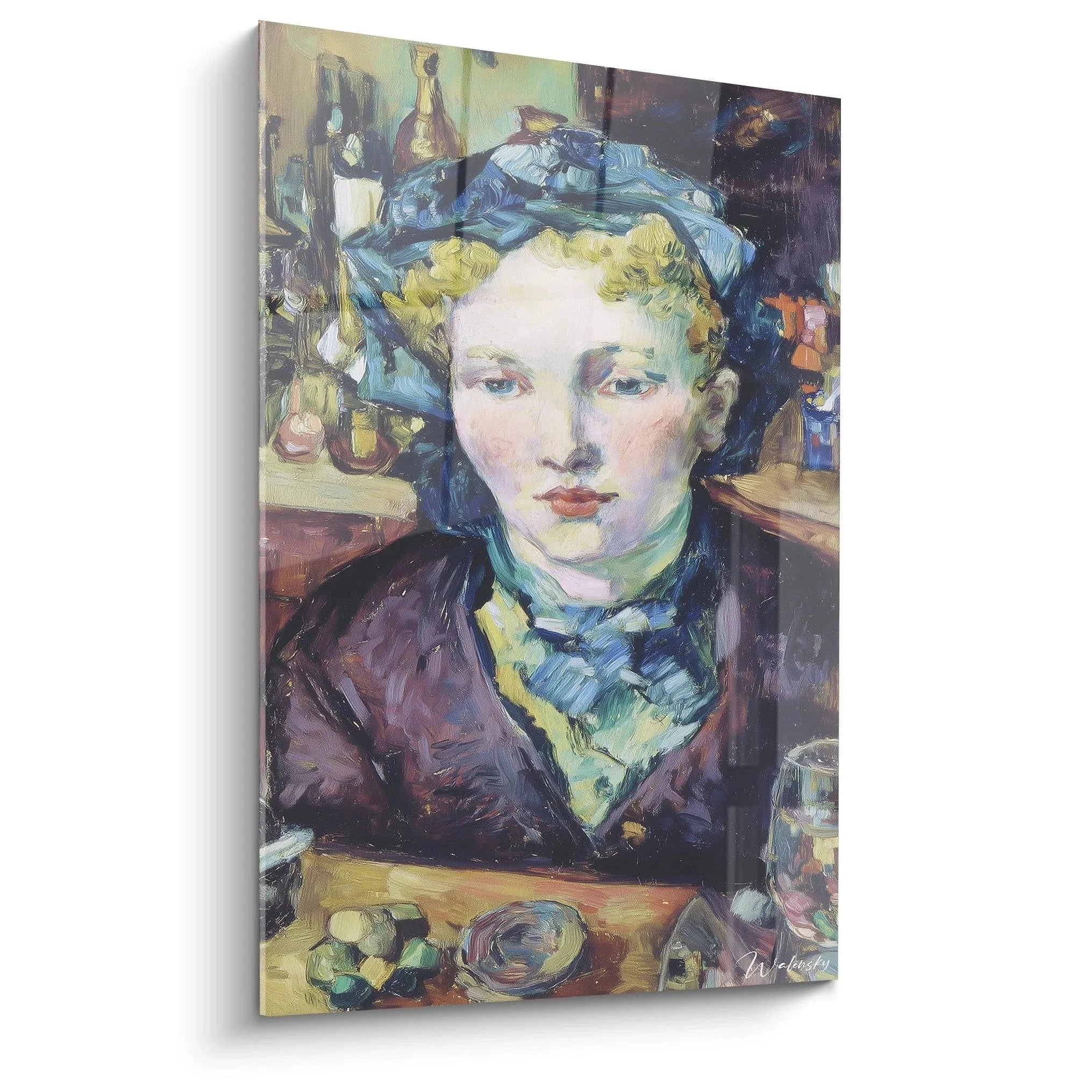 Postimpressionistisches Wandbild Frauenporträt mit blauem Kopftuch und expressiver Malweise