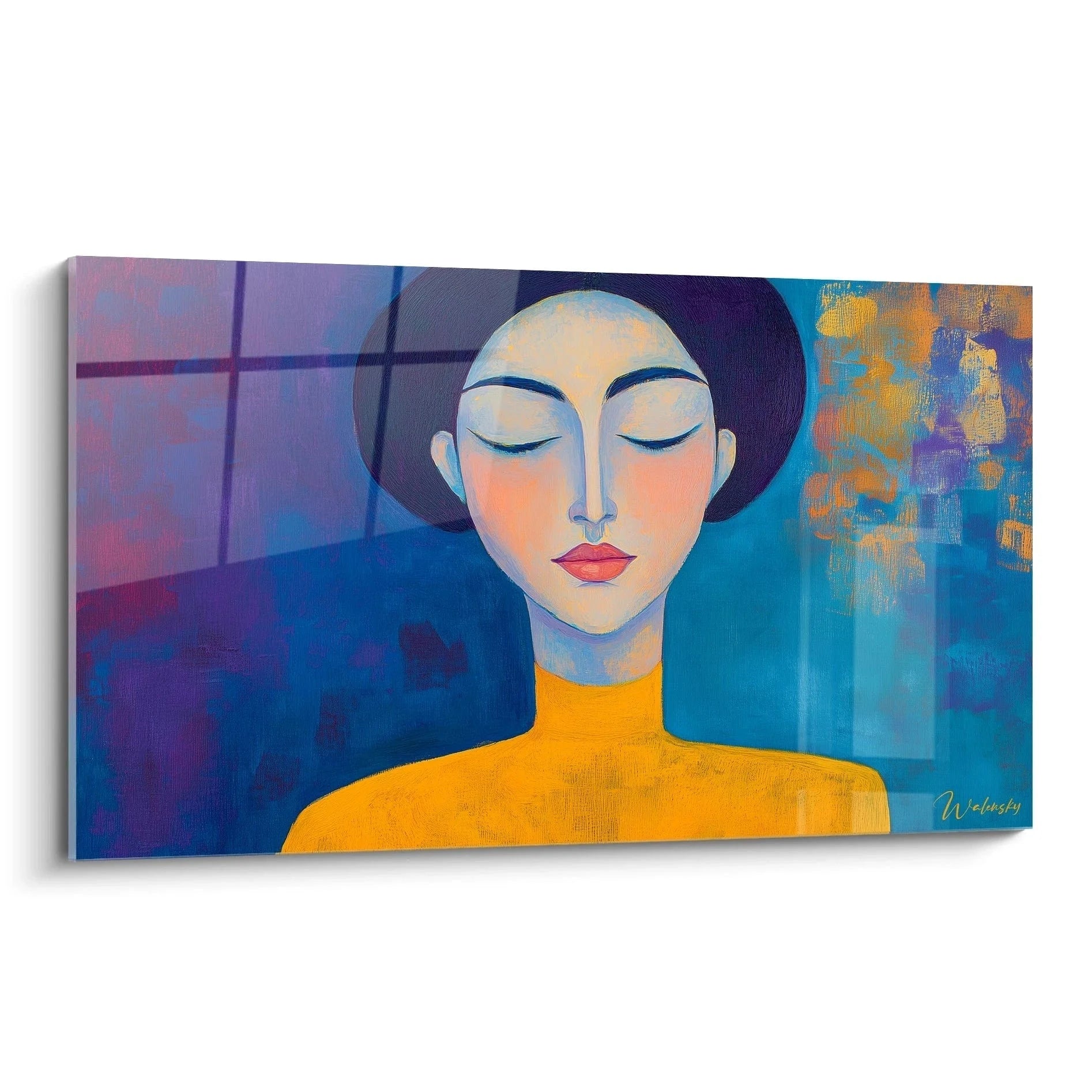 Wandbild Frauenporträt Modigliani Stil mit meditierender Frau in Orange und Blau - Premium Kunstdruck