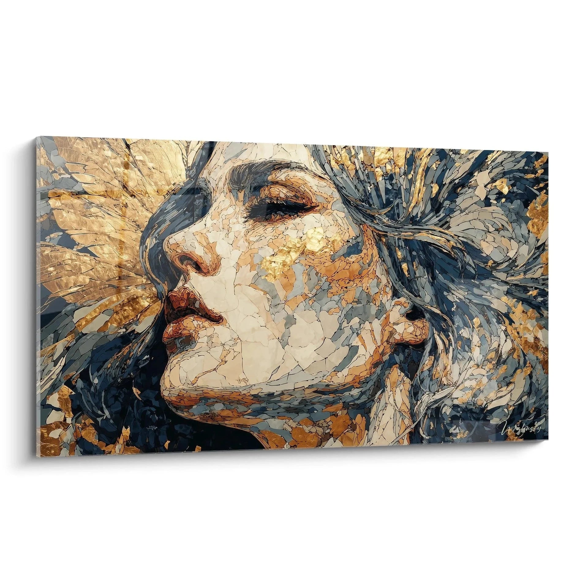 Mystisches Wandbild Frauenporträt in Gold-Blau Tönen, Gothic Art Edition mit expressiver Maltechnik