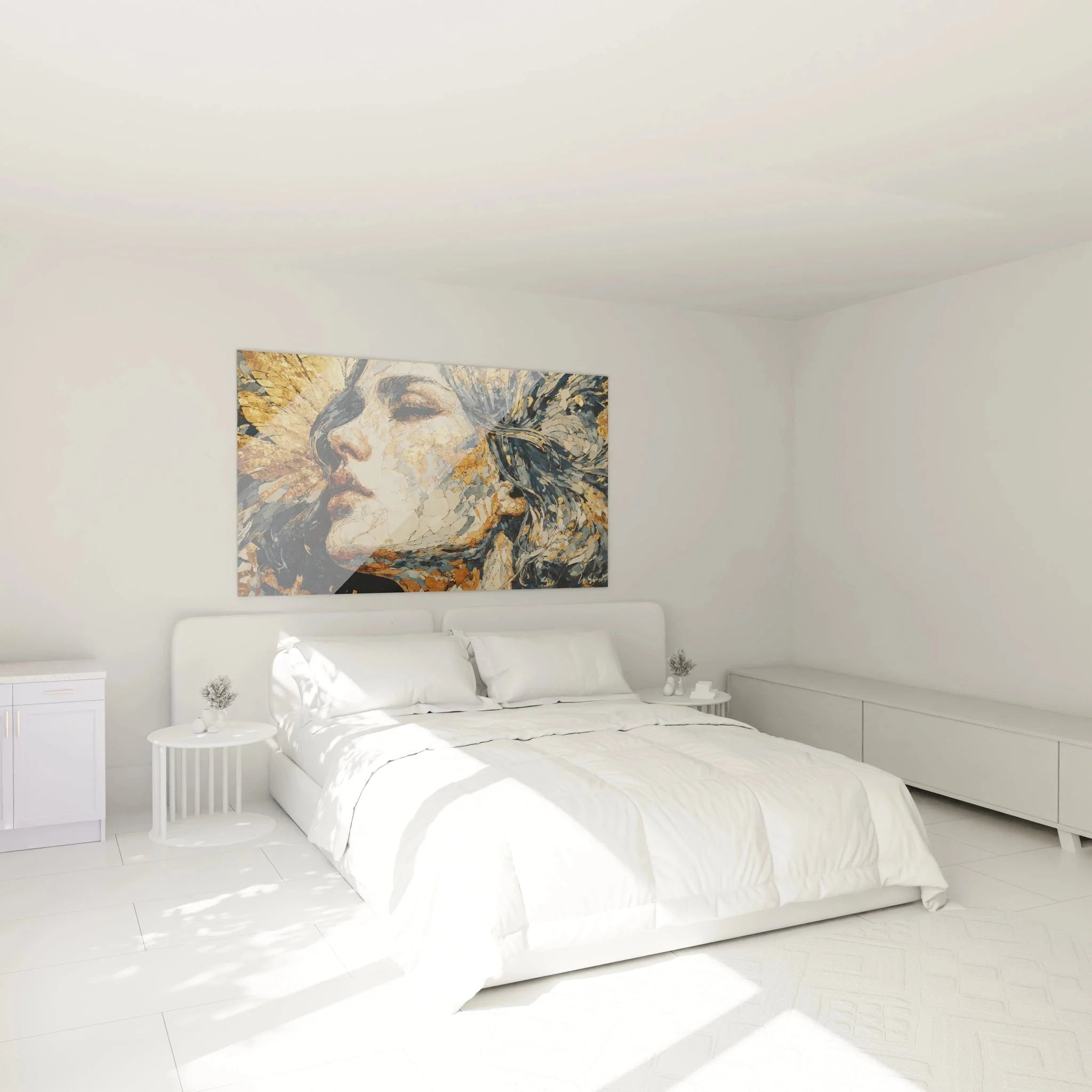 Wandbild mystisches Frauenporträt im Schlafzimmer, Gothic Wanddekoration in warmem Ambiente