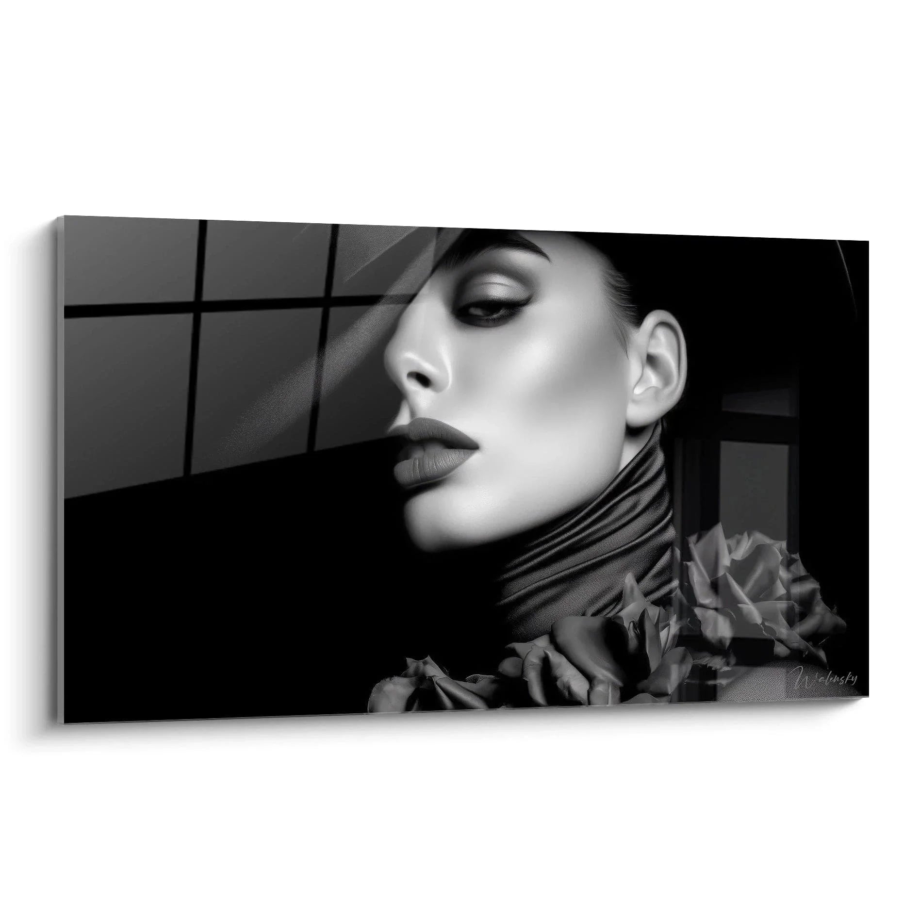 Wandbild Frauenporträt Schwarz-Weiß - elegante Mode-Kunst mit zeitloser Ausstrahlung für stilvolle Wohnräume