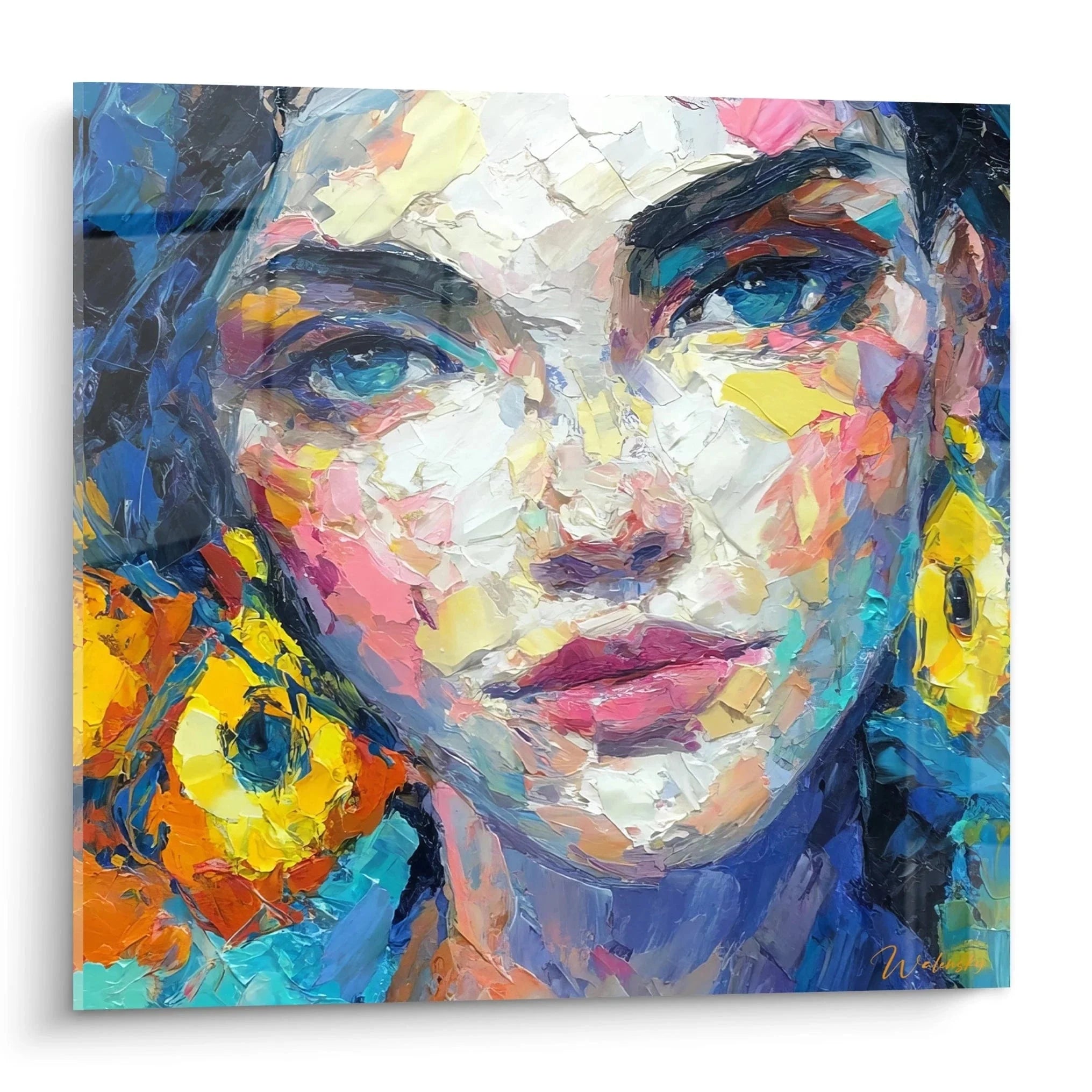 Expressives Wandbild Frauenportrait mit bunten Farben und blauen Augen - Edition Mode-Gesicht