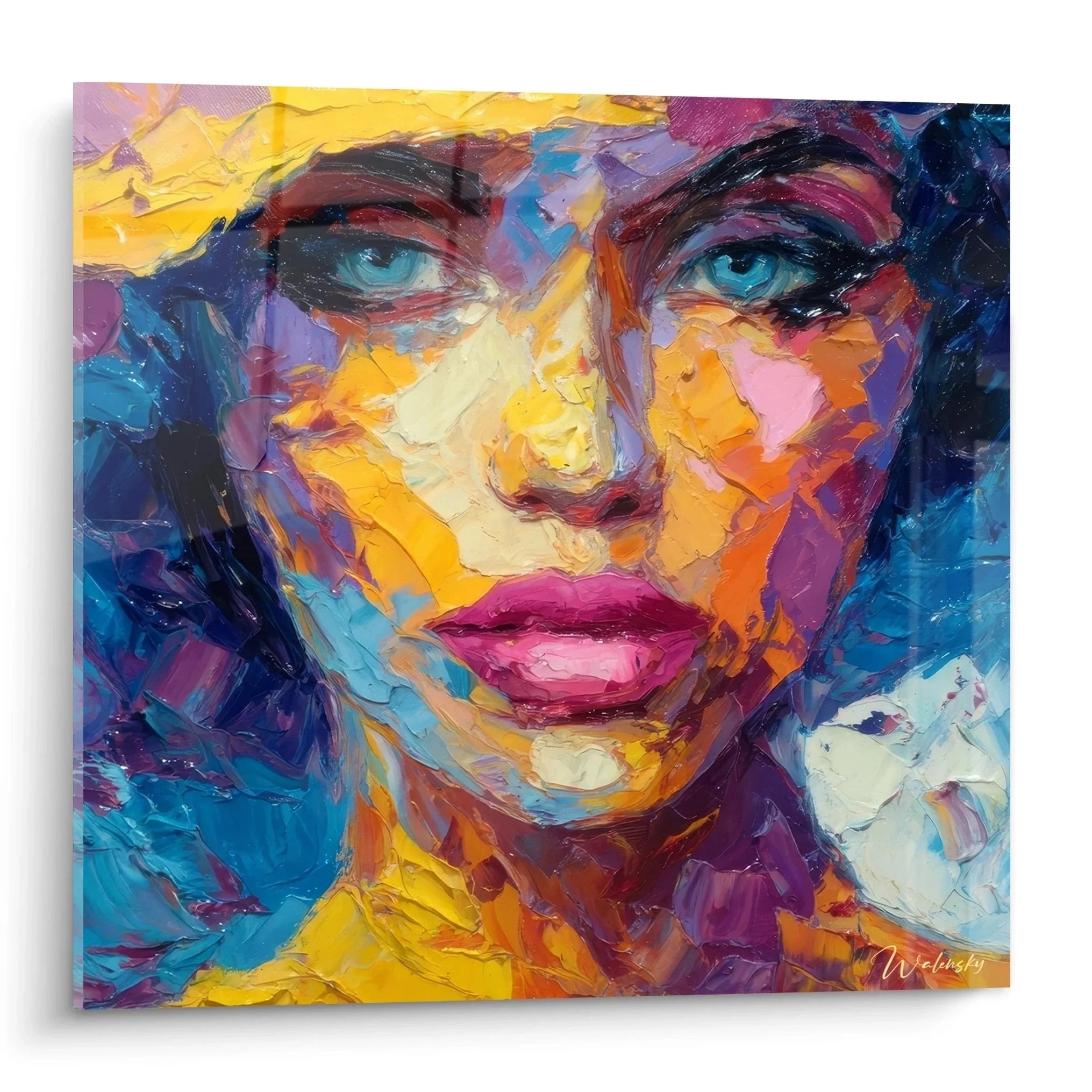 Expressives Wandbild Frauenportrait mit lebendigen Farben und blauen Augen - Mode-Gesicht Edition