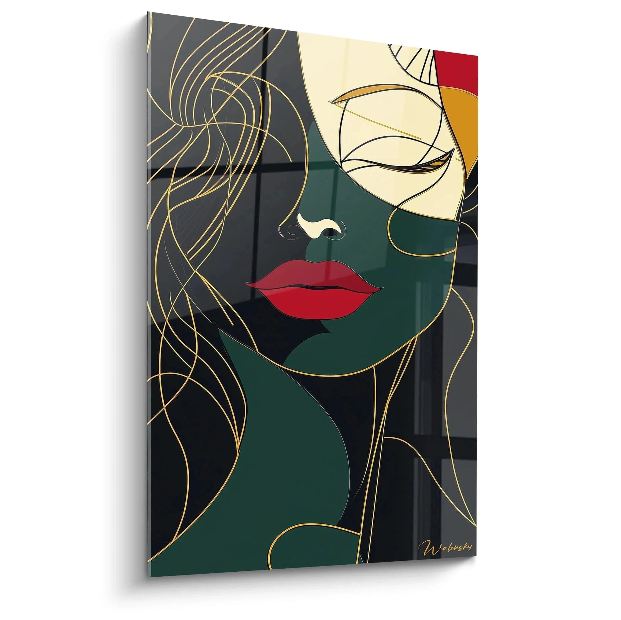 Wandbild Frauenportrait modern geometrisch mit goldenen Linien grünen Farbtönen Modigliani Stil