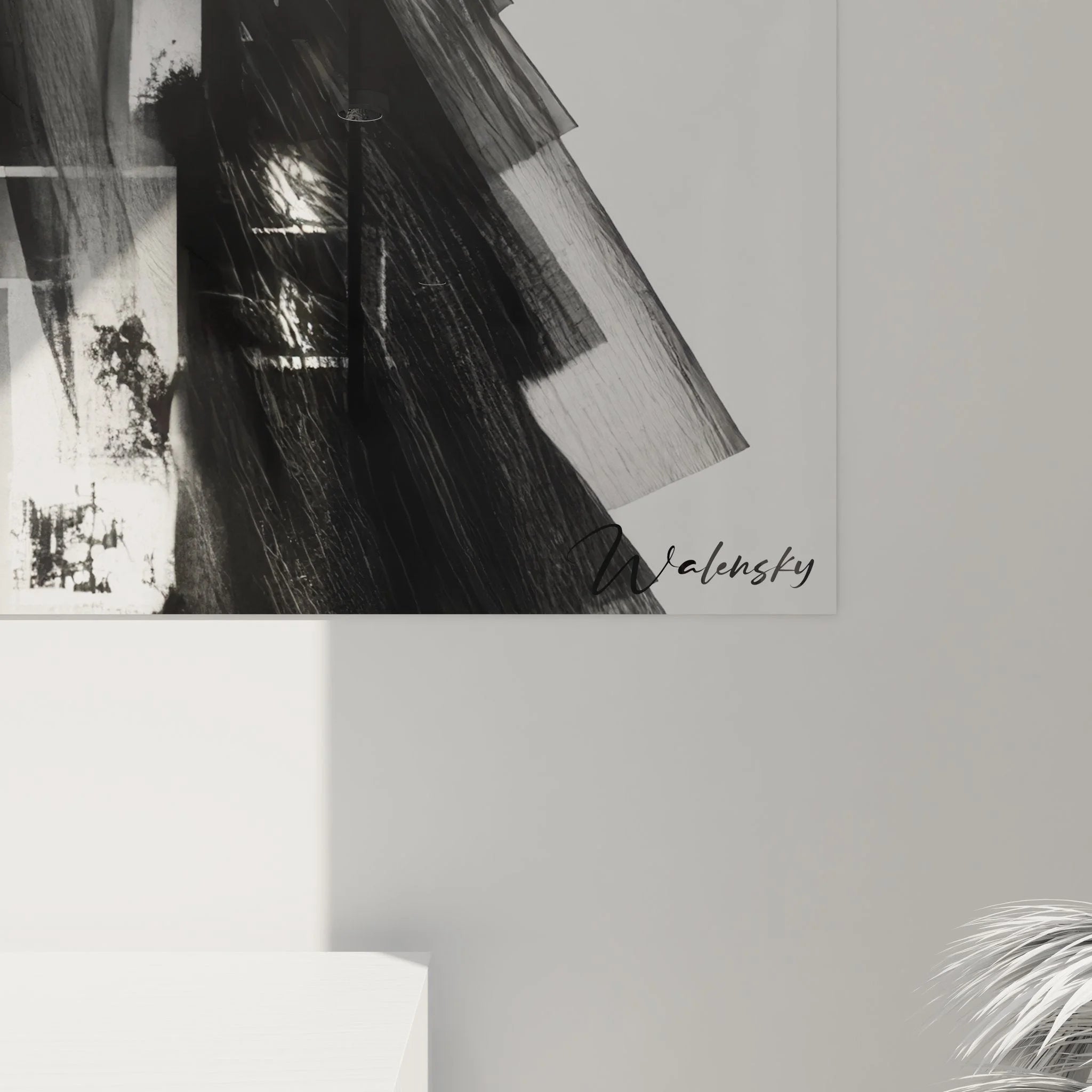 Gesamtansicht Wandbild Frauenportrait abstrakt moderne Wandkunst schwarz-weiß XXL Format