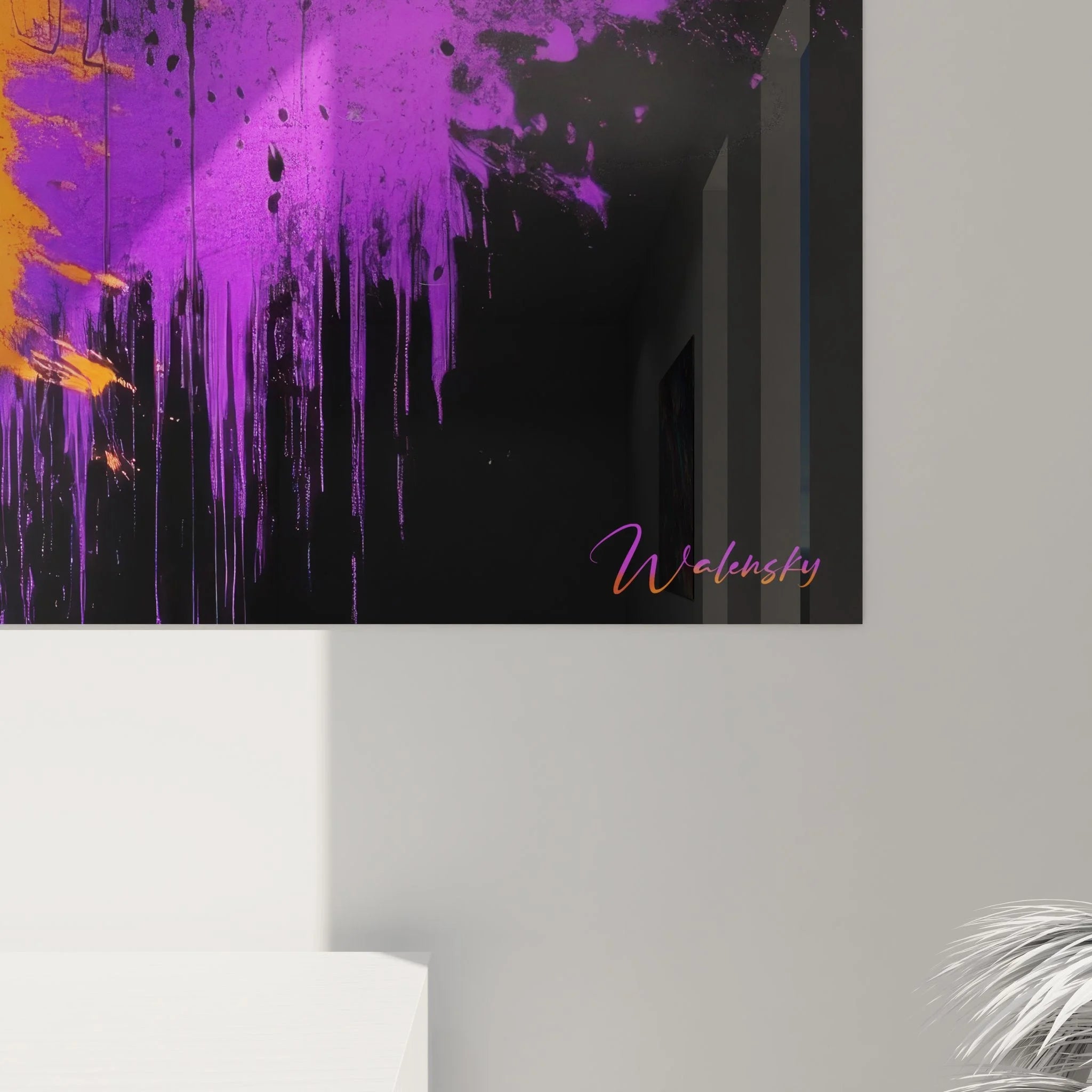 Gesamtansicht Wandbild Frauenportrait Orange Purple Abstract figurative Kunst Wanddekoration