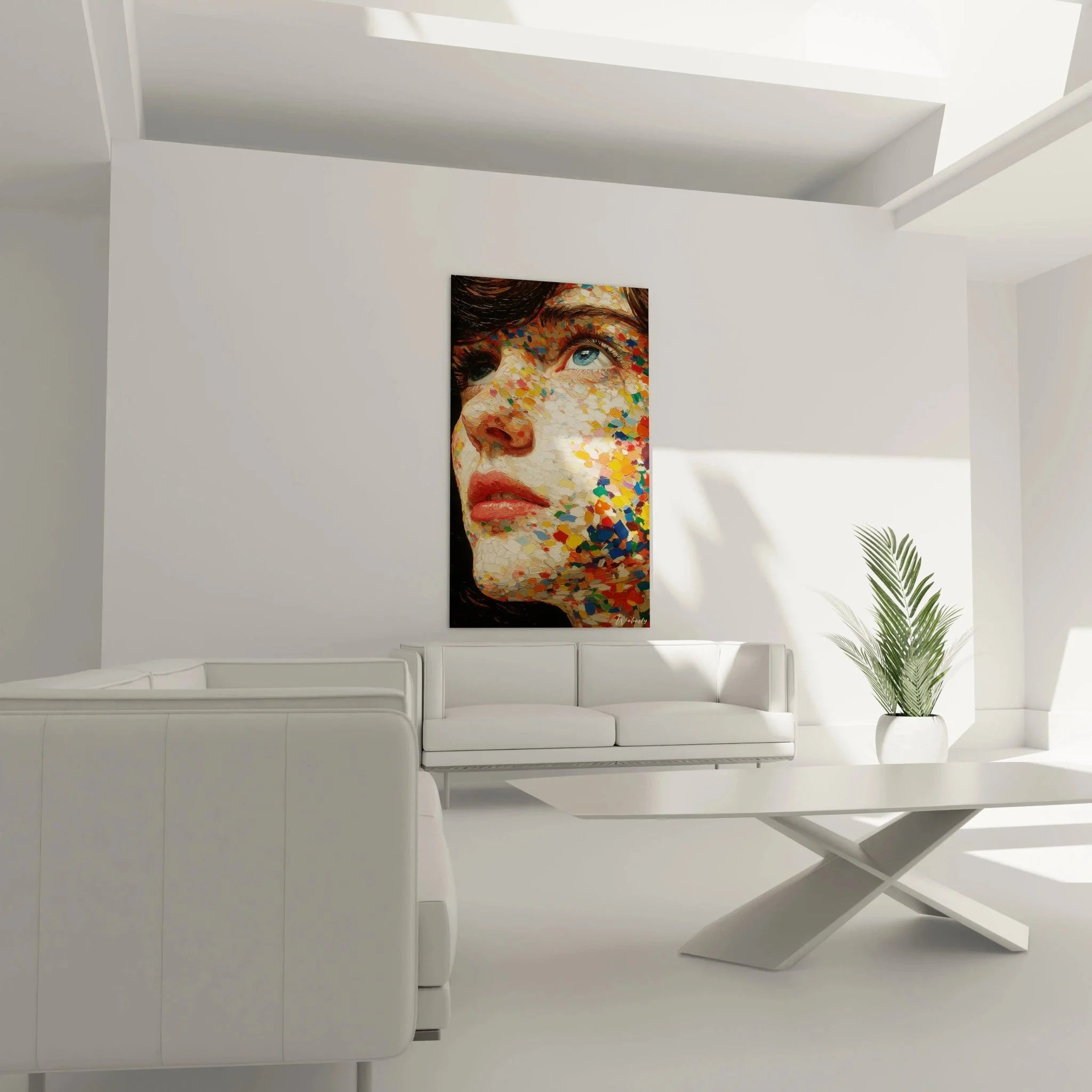 Detailansicht Wandbild Frauenportrait mit Pointillismus Farbpunkten und intensiven blauen Augen