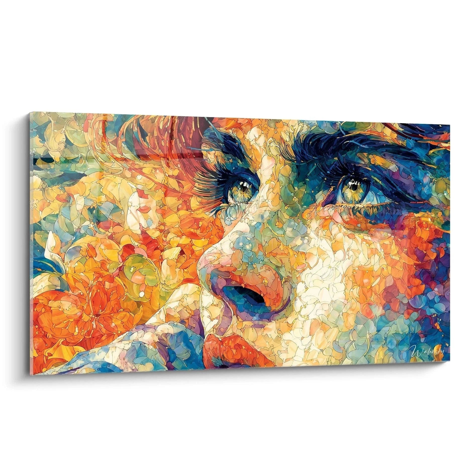 Wandbild Frauenportrait Pointillismus Stil mit bunten Farbpunkten und intensiven blauen Augen