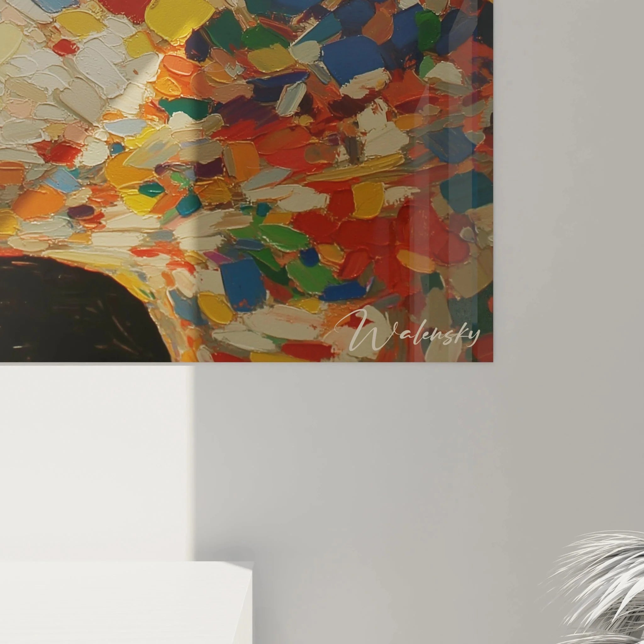 Gesamtansicht Wandbild Frauenportrait Edition Pointillismus mit buntem Farbmosaik Wandkunst