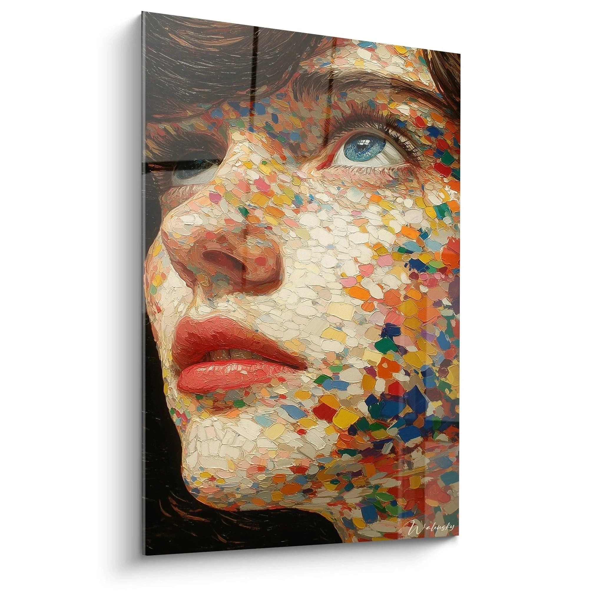 Wandbild Frauenportrait im Pointillismus Stil mit buntem Farbmosaik und blauen Augen Edition Pointillismus