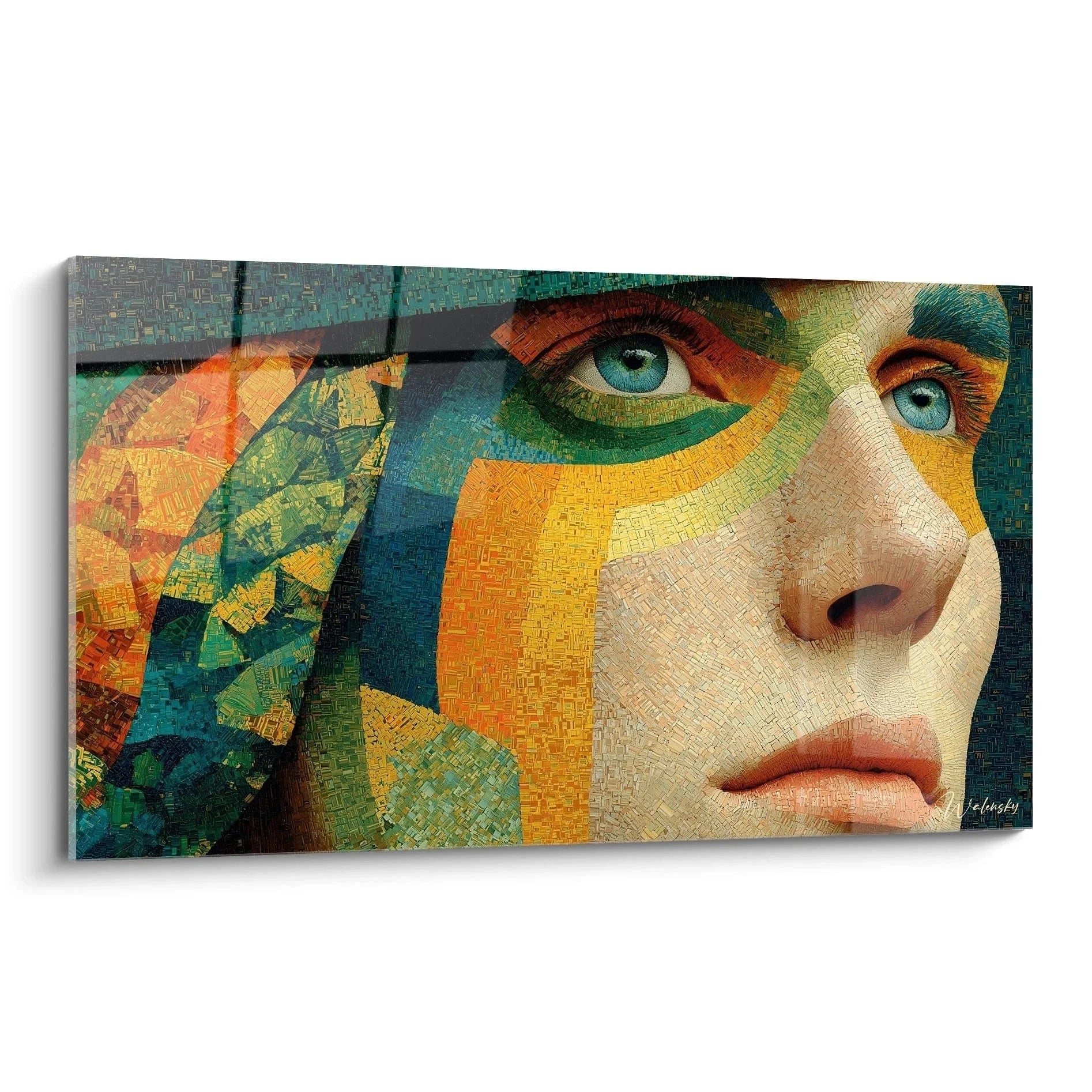 Wandbild Frauenportrait Pointillismus Mosaik türkisblaue Augen moderne Wanddekoration