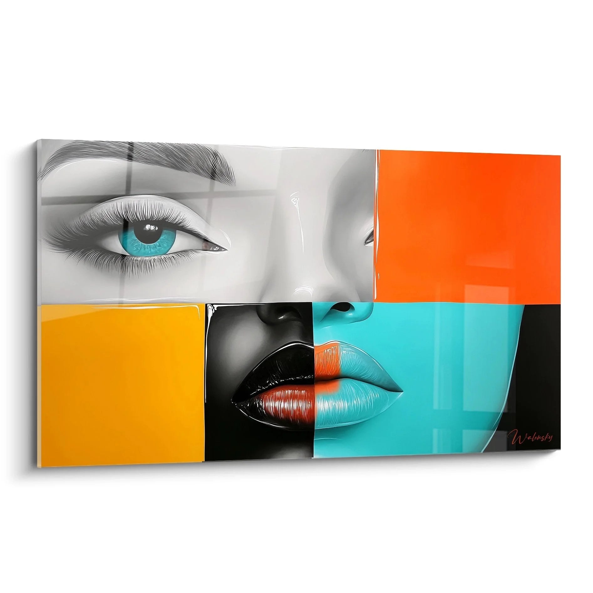 Modernes Wandbild Frauenportrait Pop Art mit geometrischen Elementen in Orange und Türkis