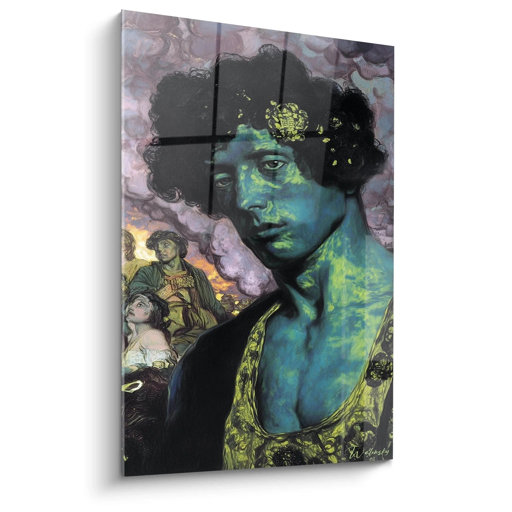 Wandbild mystisches Frauenporträt Präraffaelismus mit Grün-Blau-Tönen und romantischen Hintergrundfiguren