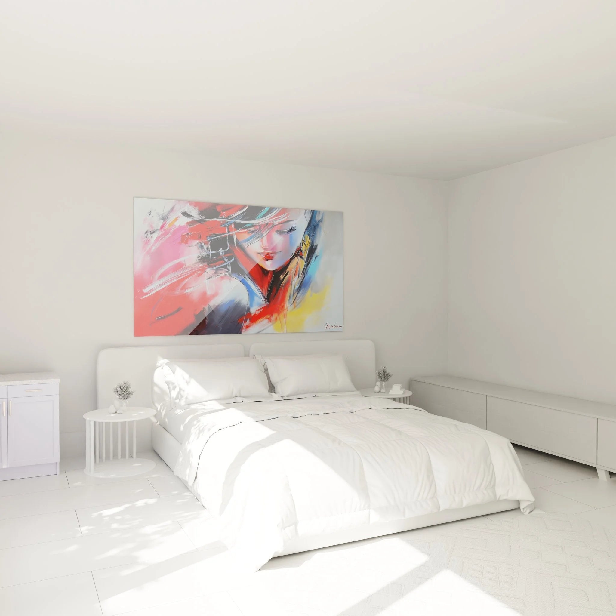 Wandbild abstraktes Frauenportrait als stilvolle Schlafzimmer Dekoration in Rot und Blau