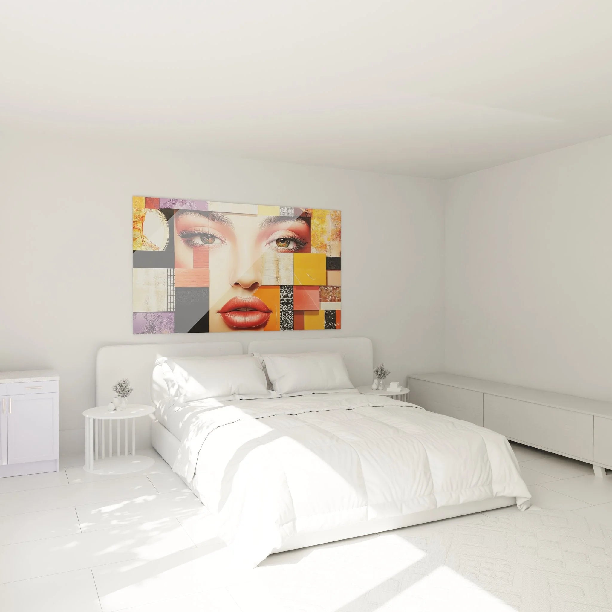 Modernes Wandbild geometrisches Frauenportrait im Schlafzimmer - stilvolle Wanddekoration abstrakt