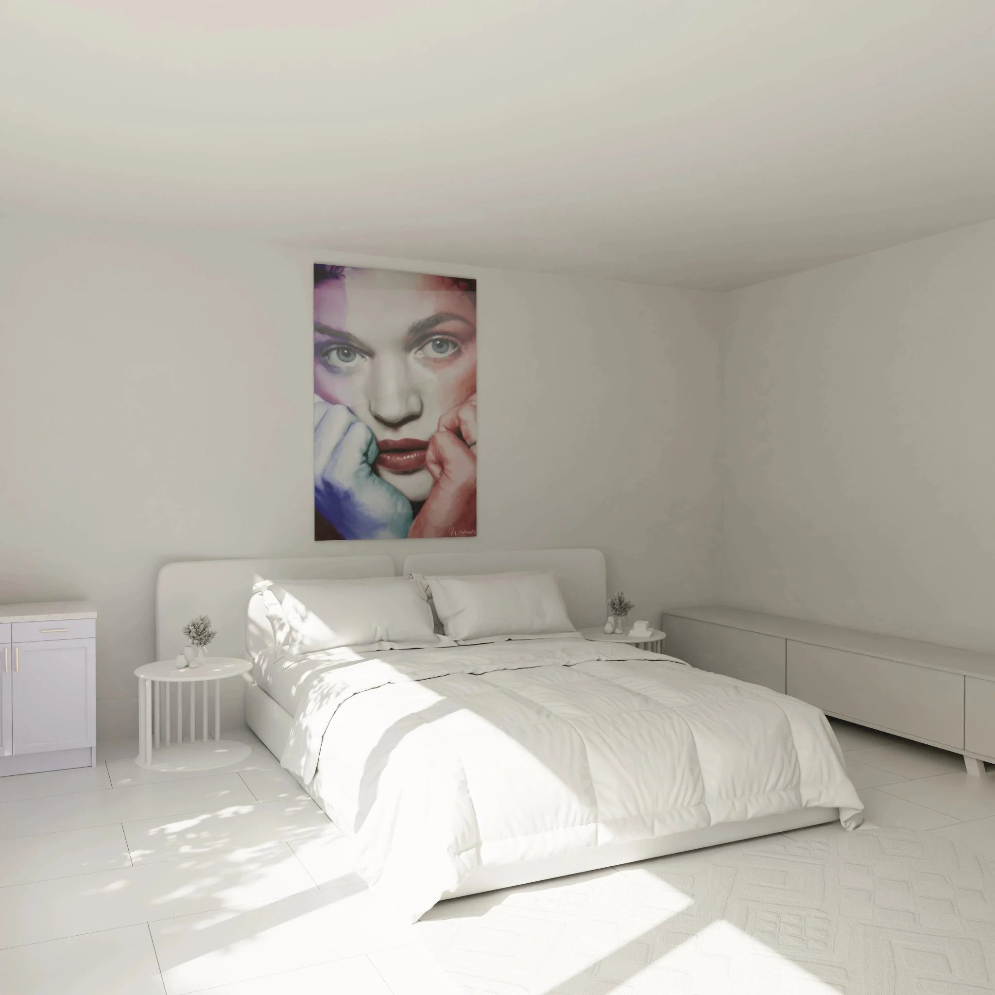 Wandbild Frauenportrait Hyperrealismus in Schlafzimmer Ambiente moderne Wanddekoration emotionale Kunst