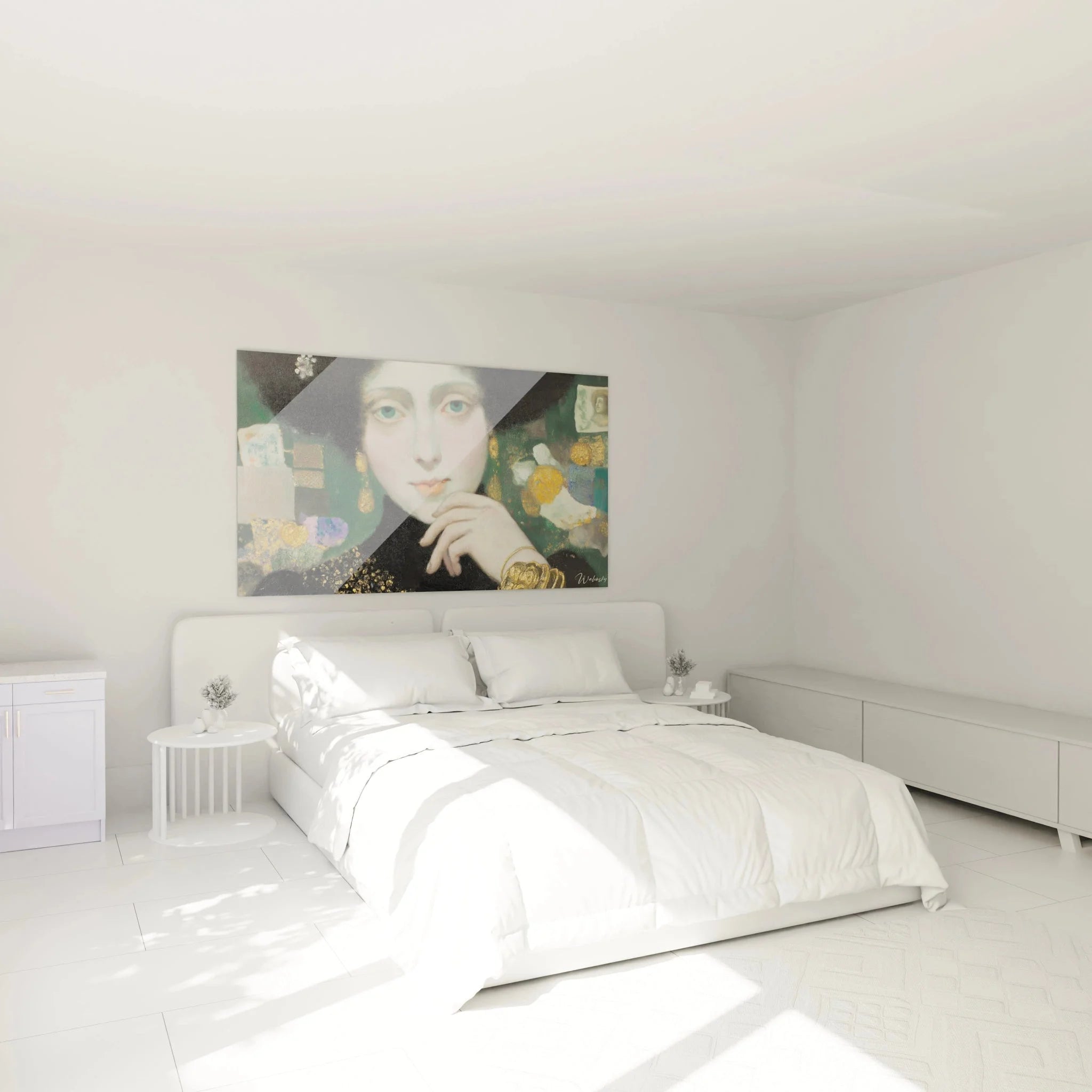 Elegantes Wandbild Frauenporträt im Schlafzimmer, symbolistische Kunst als moderne Wanddekoration