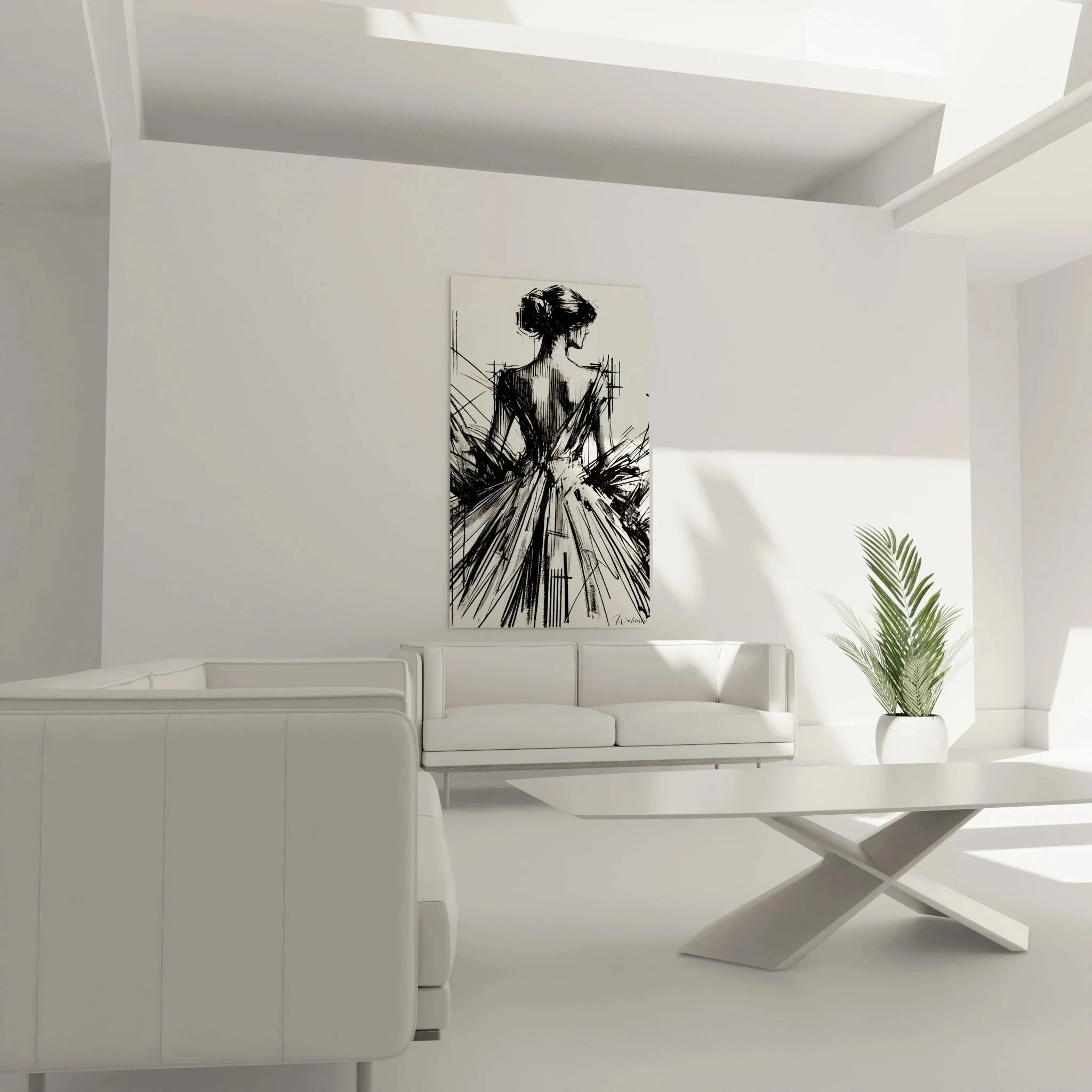 Detailansicht Wandbild abstrakte Frau schwarz-weiß mit expressiven Pinselstrichen und Linien