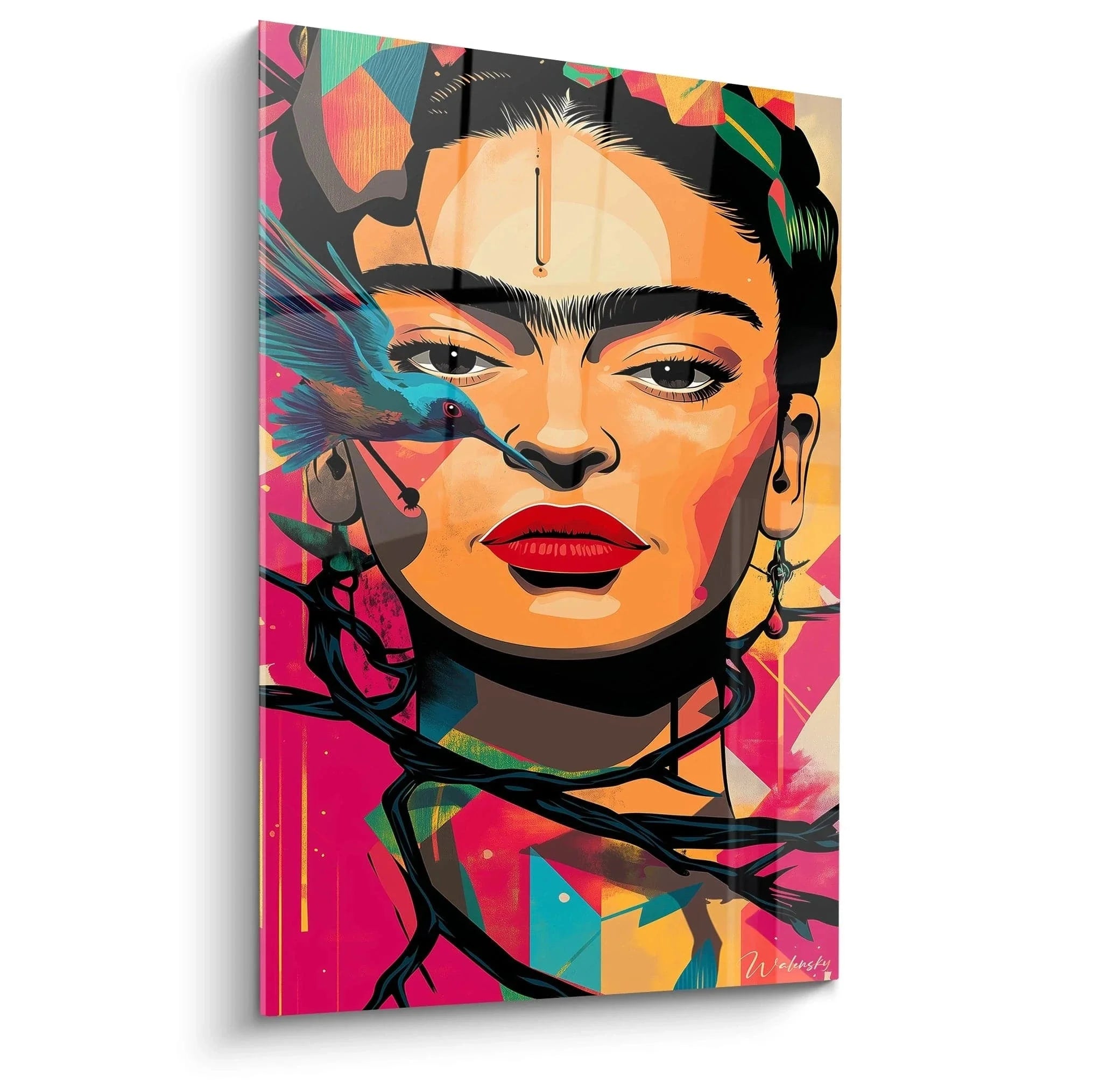 Wandbild Frida Kahlo buntes Porträt mit Kolibri und Dornen in Pop Art Stil für moderne Wanddekoration